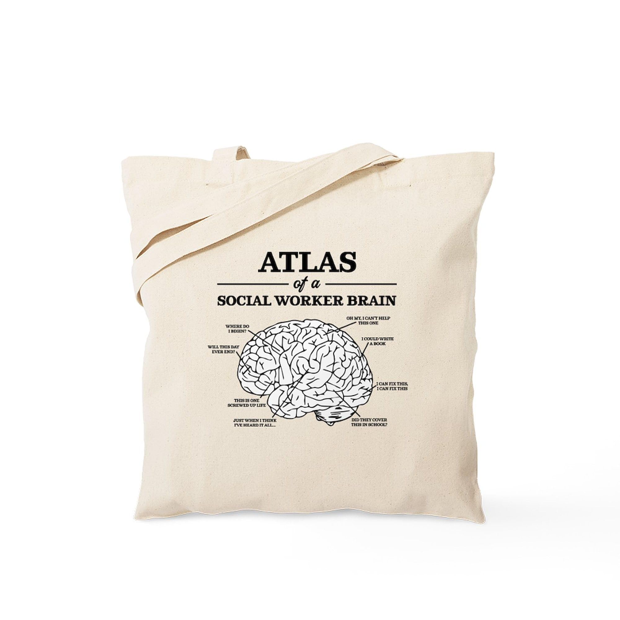 Social Worker Brain Tote Bag - Natural Canvas Reusable Shopping Bag for Work, School & Groceries | Durable Eco-Friendly Tote with Atlas Design