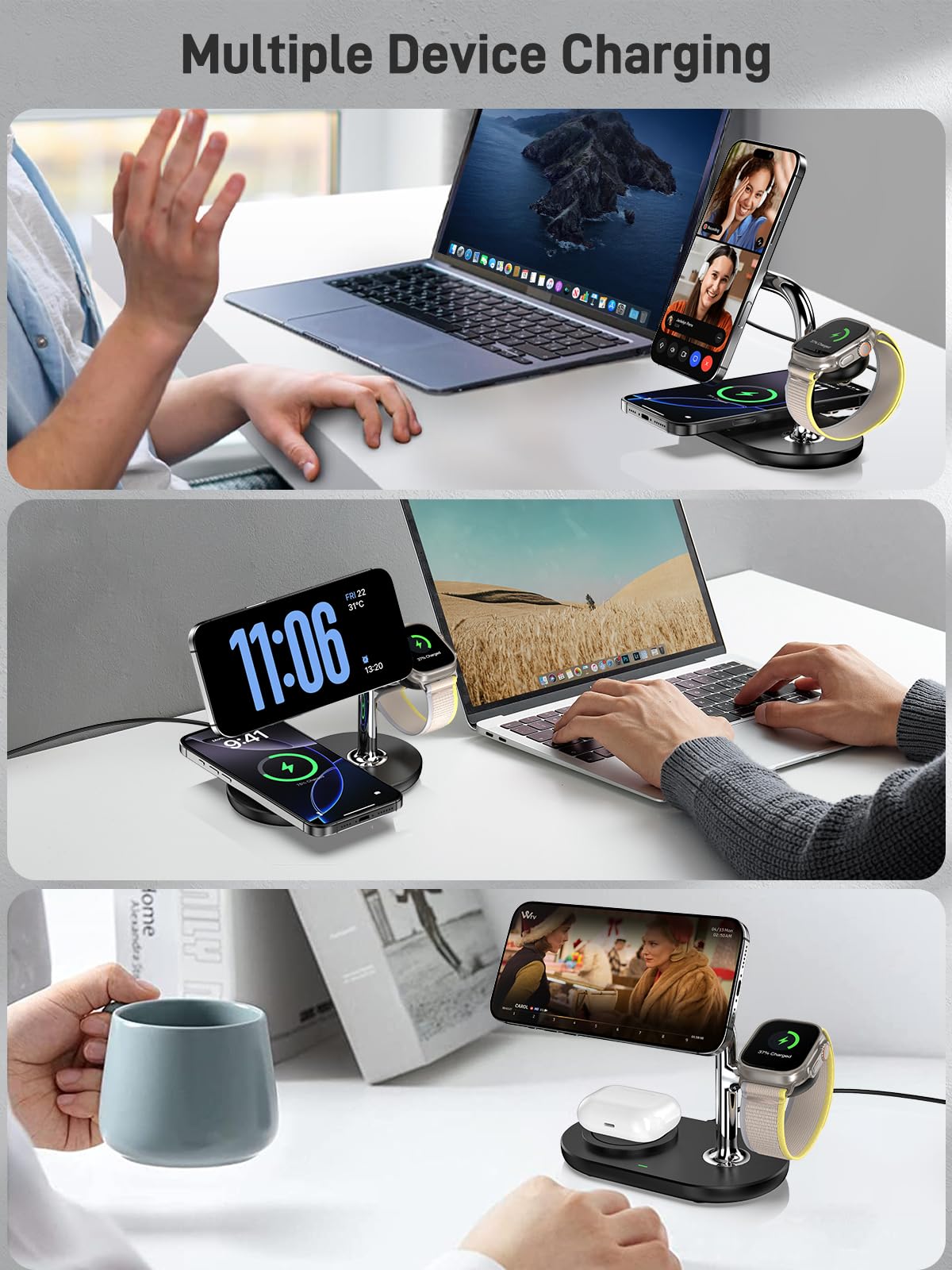 3-in-1 Magnetic Wireless Charging Station for iPhone 16/15/14/13/12 Series, AirPods Pro 2 & Apple Watch Series 10/9/8/7 | Fast Dual Charging Pad with MagSafe Technology | Perfect for Home, Office & Travel Use