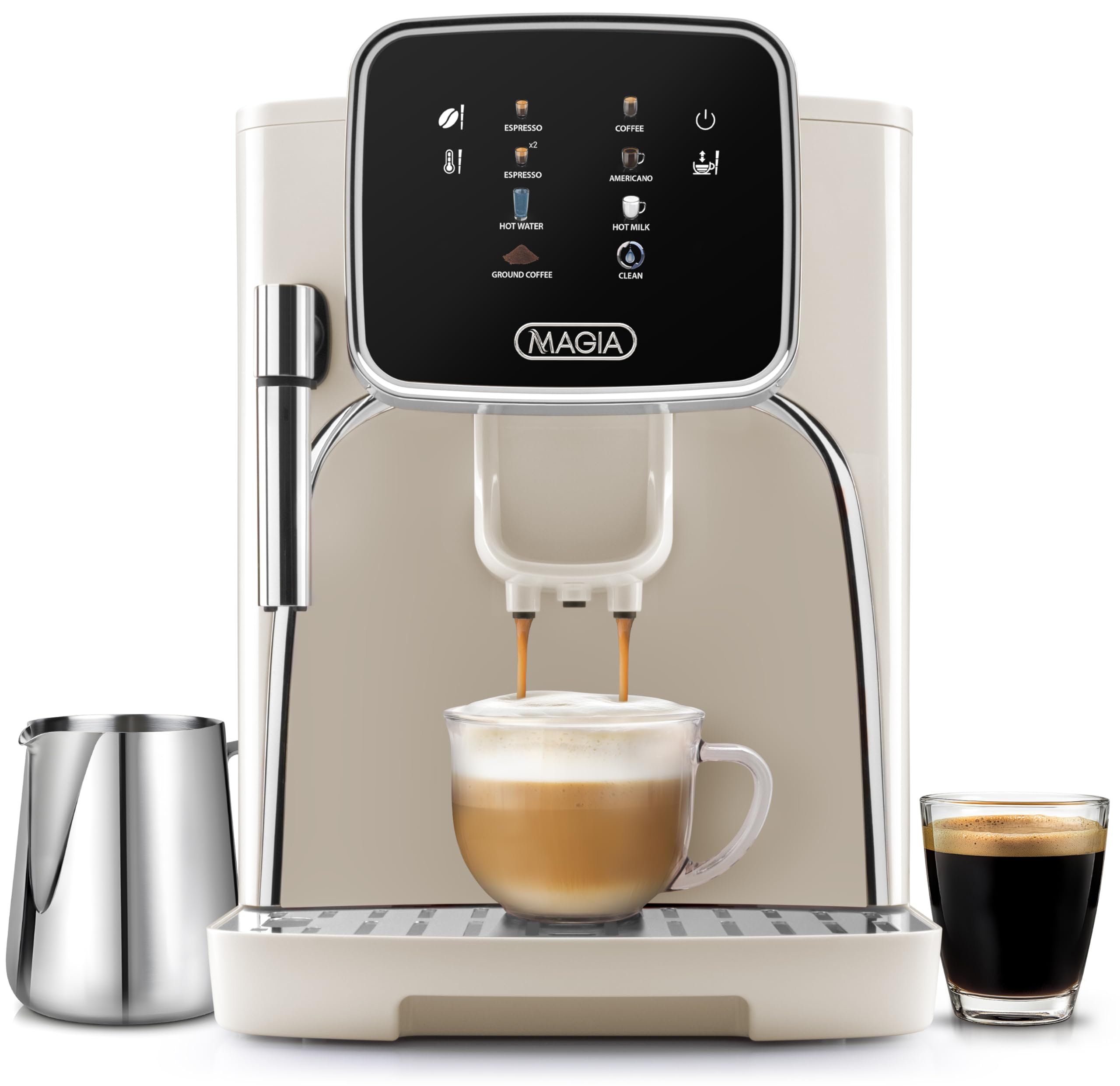 Zulay Kitchen Magia Clasica Fully Automatic Espresso Machine with Built-in Grinder - Touch Screen Coffee Maker for Latte, Cappuccino & Macchiato - One-Touch Operation & Milk Frother - Cream Silver - Perfect for Home, Office & Coffee Shops