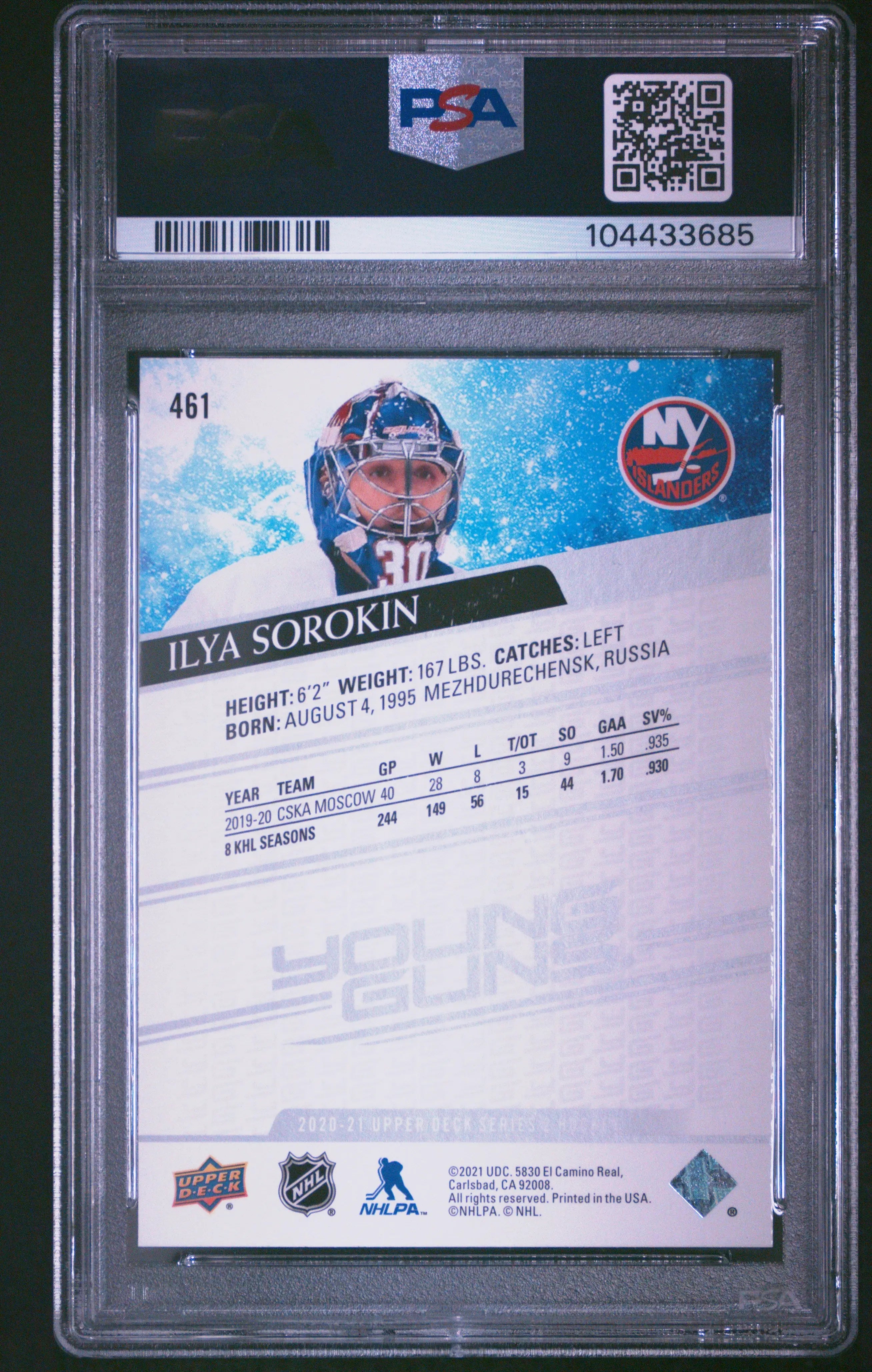2020-21 Upper Deck Series 2 Hockey Ilya Sorokin Young Guns Rookie Card PSA 10 Gem Mint - Perfect for Collectors, Investors & Hockey Fans
