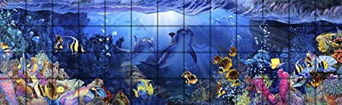 Dolphins Playground Panoramic Tile Mural 3567 by Christian Lassen - Stunning Ocean Wall Art for Living Room, Bedroom & Office Decor