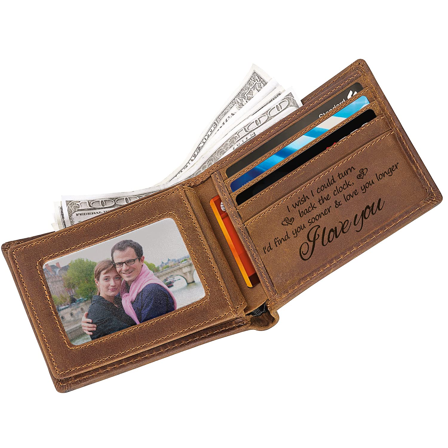 Personalized Engraved Leather Wallet for Men - RFID Blocking Bifold Wallet - Anniversary, Christmas, Birthday Gift for Husband from Wife - Perfect for Travel, Business & Everyday Use