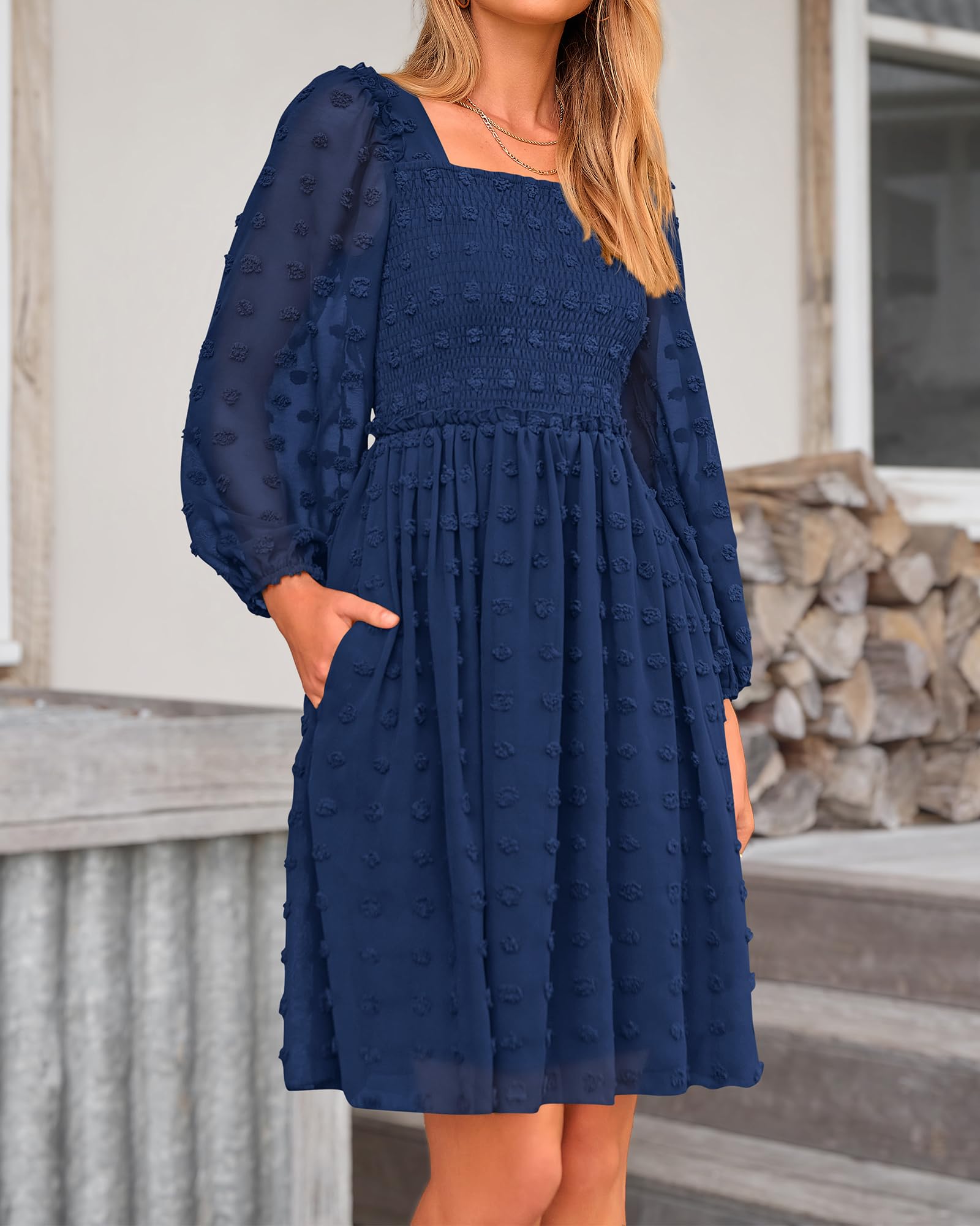 BTFBM Women's Floral Swiss Dot Smocked Mini Dress - Square Neck Long Sleeve Boho Style for Wedding Guest, Spring & Summer 2025 | Perfect for Garden Parties, Bridal Showers & Date Nights