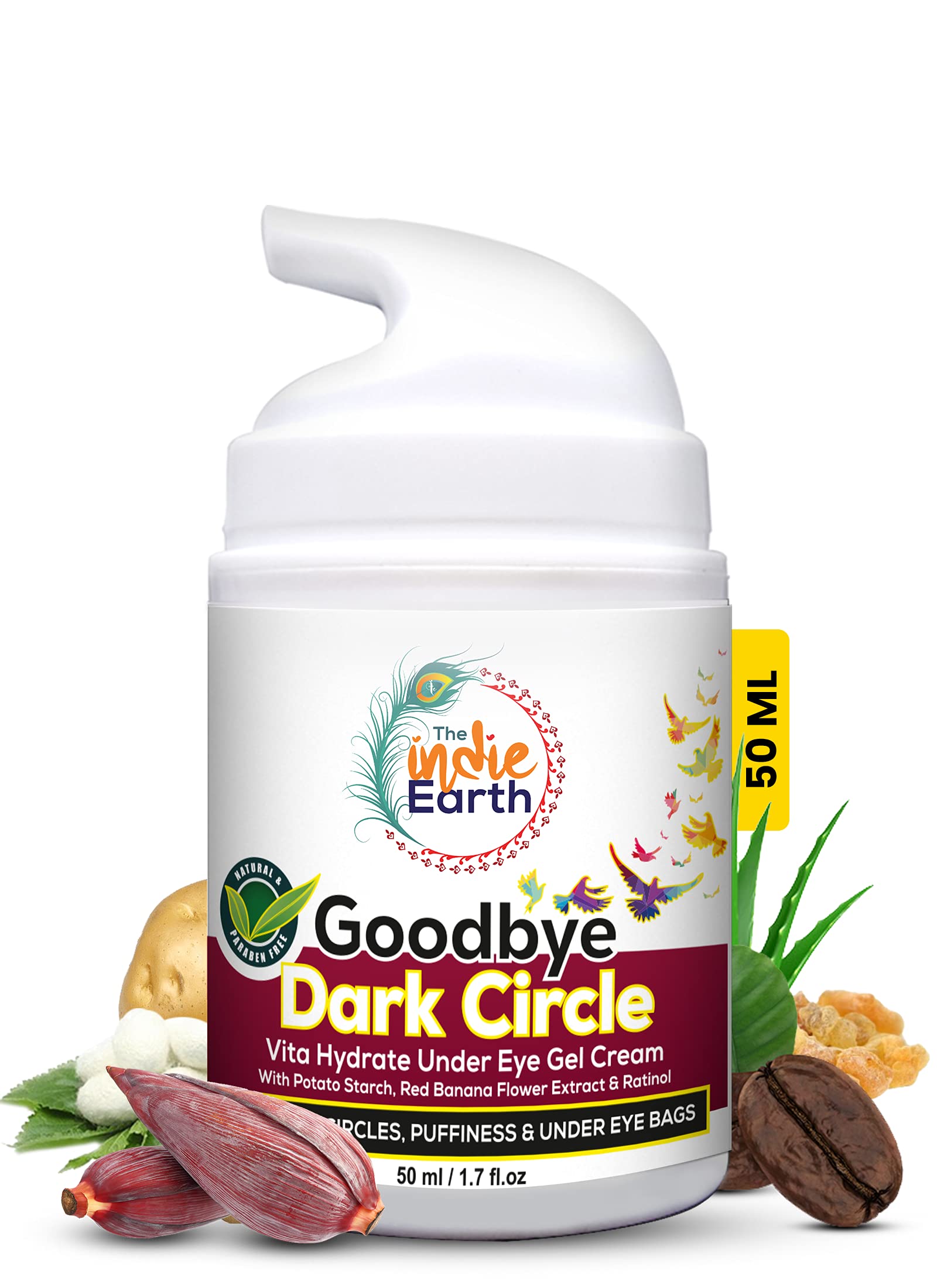 Indie Earth Goodbye Dark Circles Vita Rich Under Eye Gel Cream – 50ml with Potato Starch, Red Banana Flower Extract & Retinol | Best Eye Gel for Dark Circles, Puffiness & Fine Lines | Perfect for Night Routine & Travel Skincare