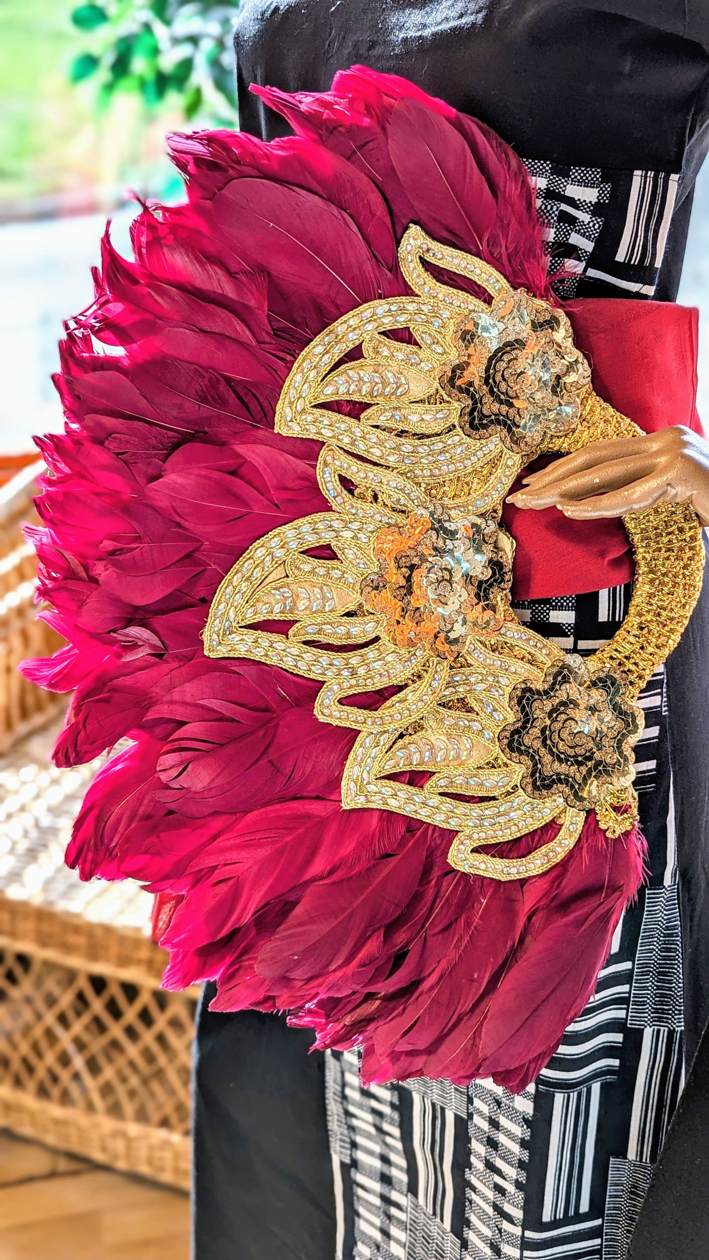 Dupsie's Aduke Splendor Burgundy Nigerian African Wedding Feather Fan - Handmade Bridal Accessory for Traditional Ceremonies, Cultural Events & Photo Shoots