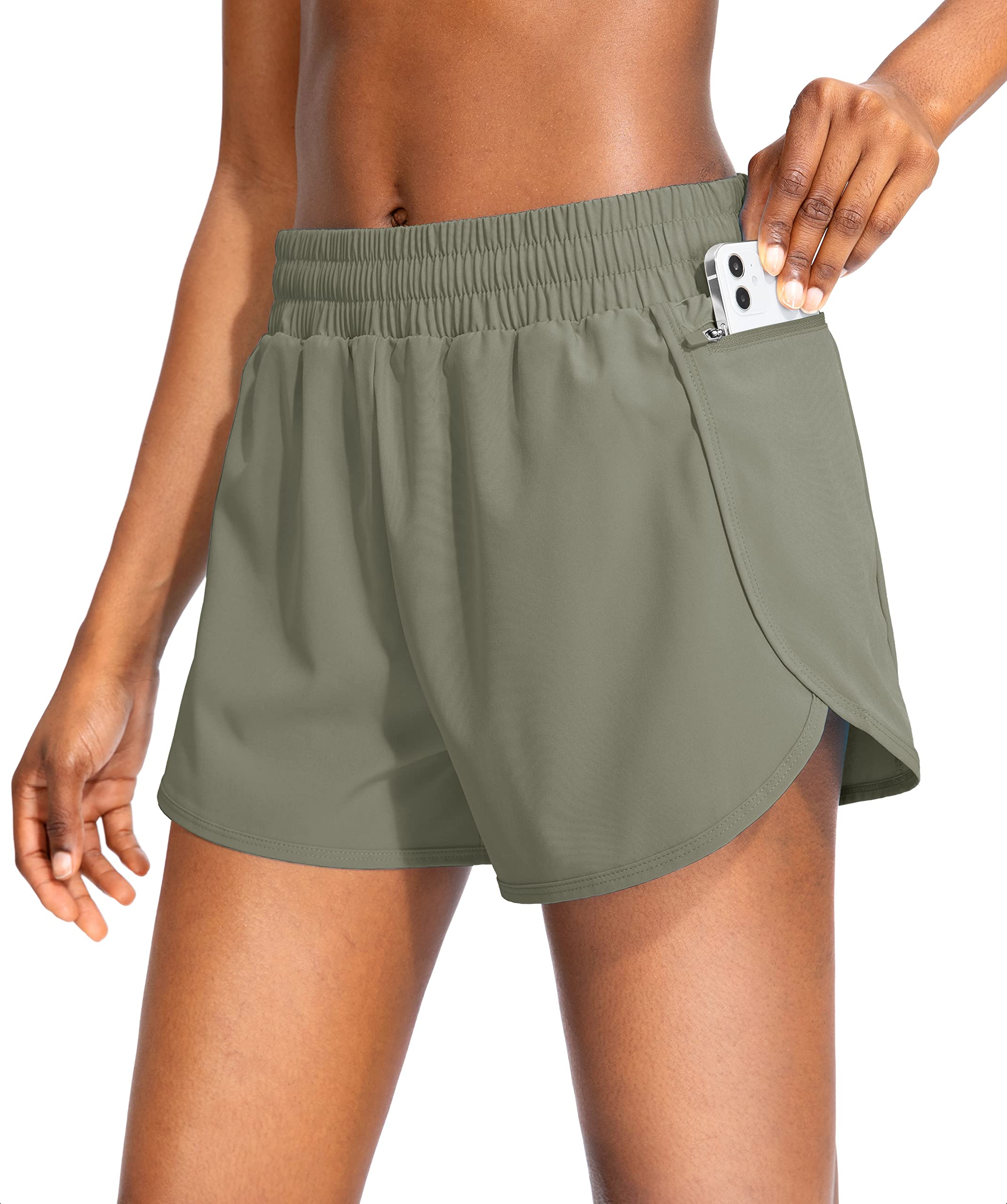 Soothfeel Women's High Waisted Running Shorts with Zipper Pockets - Breathable Athletic Gym Workout Shorts with Liner for Jogging, Yoga & Fitness Training
