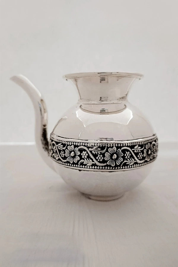925 Sterling Silver Designer Karwa Puja Kalash with Nozzles for Karwa Chauth - Traditional Hindu Ritual Pot for Festivals, Wedding Ceremonies & Home Decor (D28)