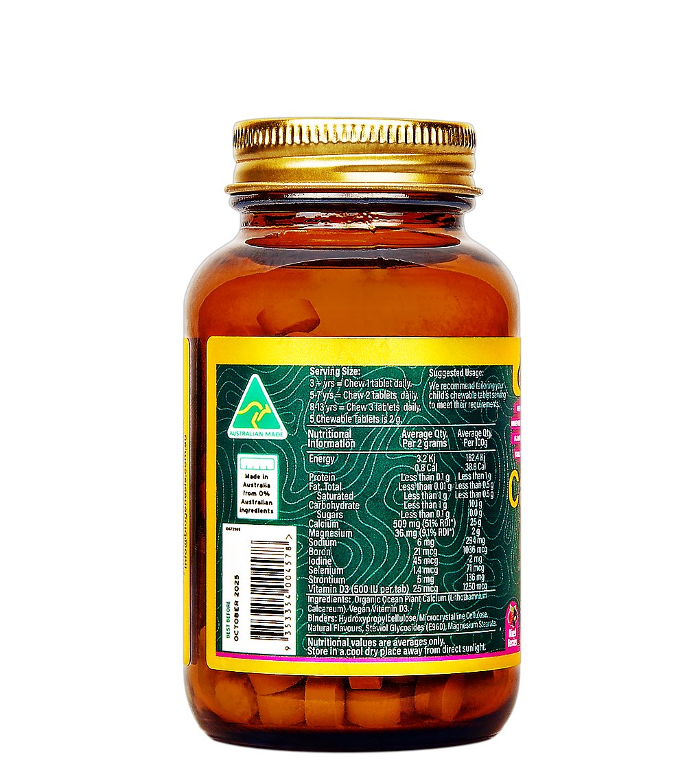 Organic Chewable Ocean Plant Calcium + Vitamin D3 Supplement - 200 Tablets, Mixed Berry Flavor for Bone Health & Immune Support - Ideal for Adults & Kids