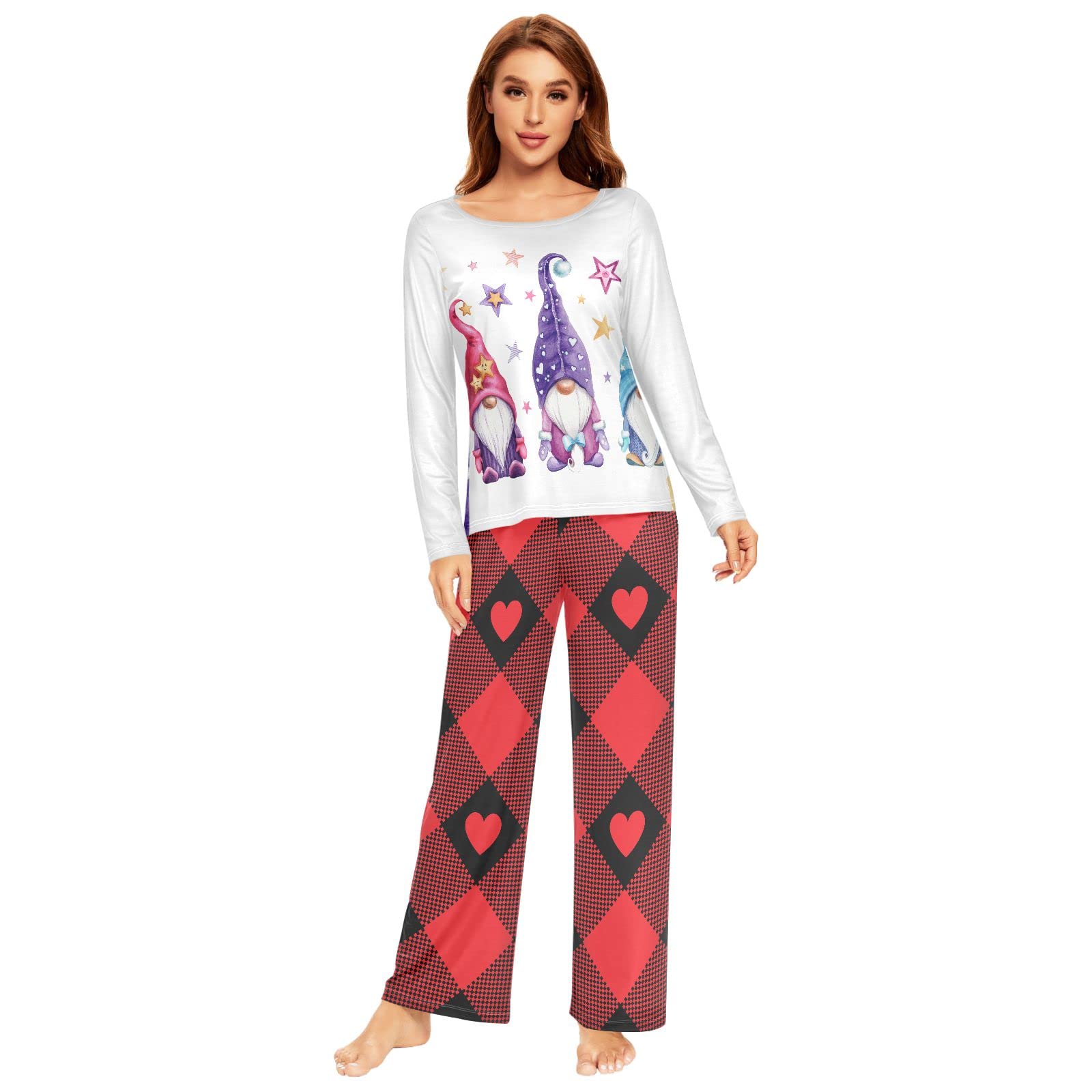 Cozy Christmas Gnome Pajama Set for Women - Soft Plaid Long Sleeve Sleepwear & Loungewear (Size S) - Perfect for Holiday Gatherings, Winter Nights & Festive Photo Shoots
