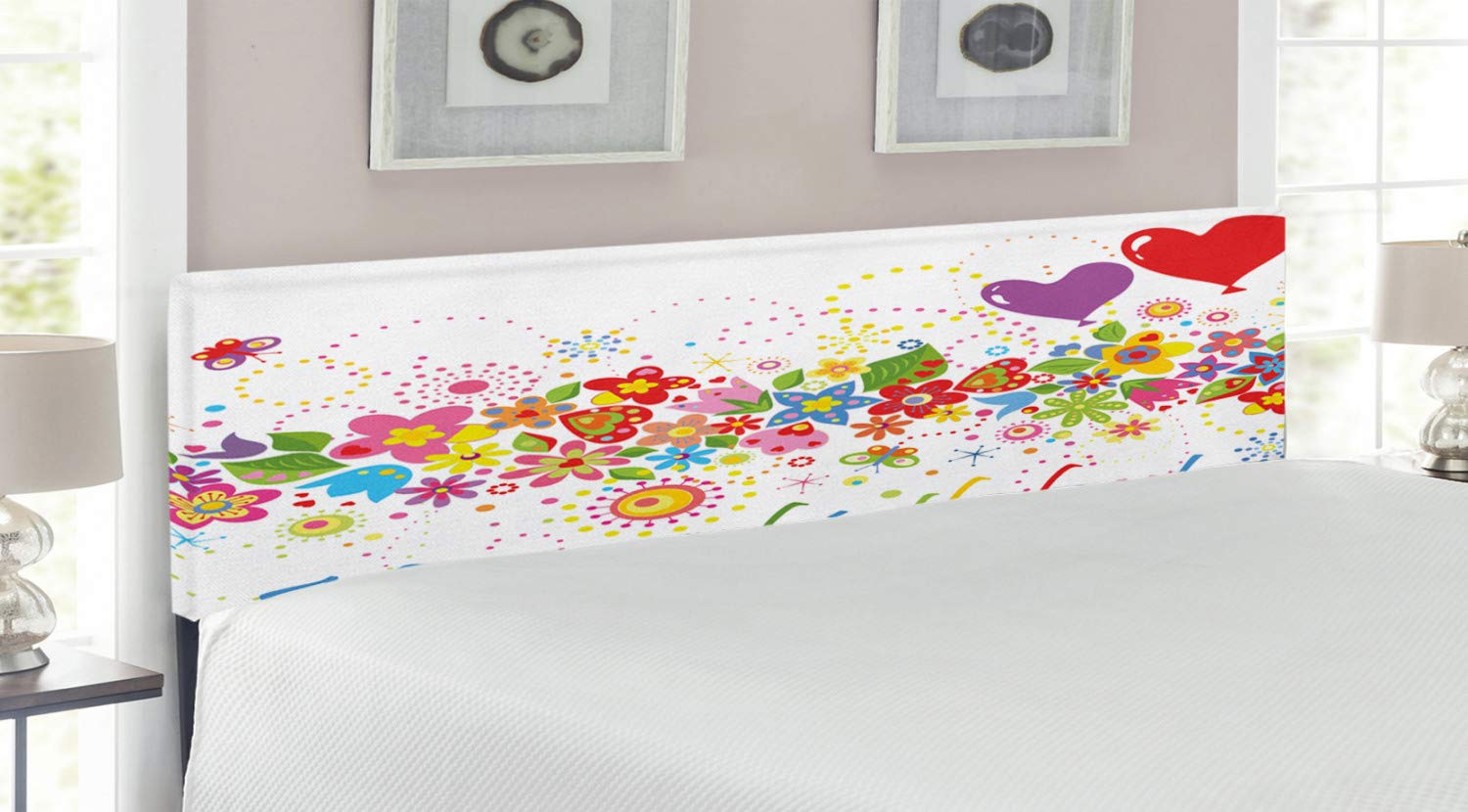 Ambesonne King Size Upholstered Metal Headboard with Memory Foam - Colorful Heart Balloon Meadow Art Print for Birthday Decor | Bedroom Wall Decor & Celebration Backdrop