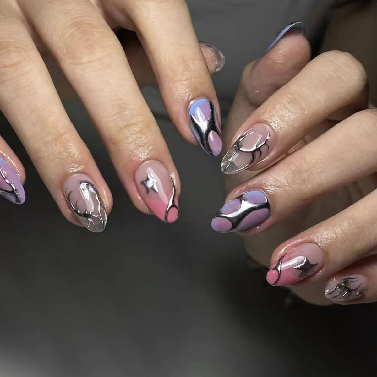 24Pcs Retro Press on Fake Nails - Almond Oval Gold Star Nails with Studded Diamond Designs - Detachable Cool Manicure Art Set for Women - Perfect for Parties, Weddings, and Special Occasions
