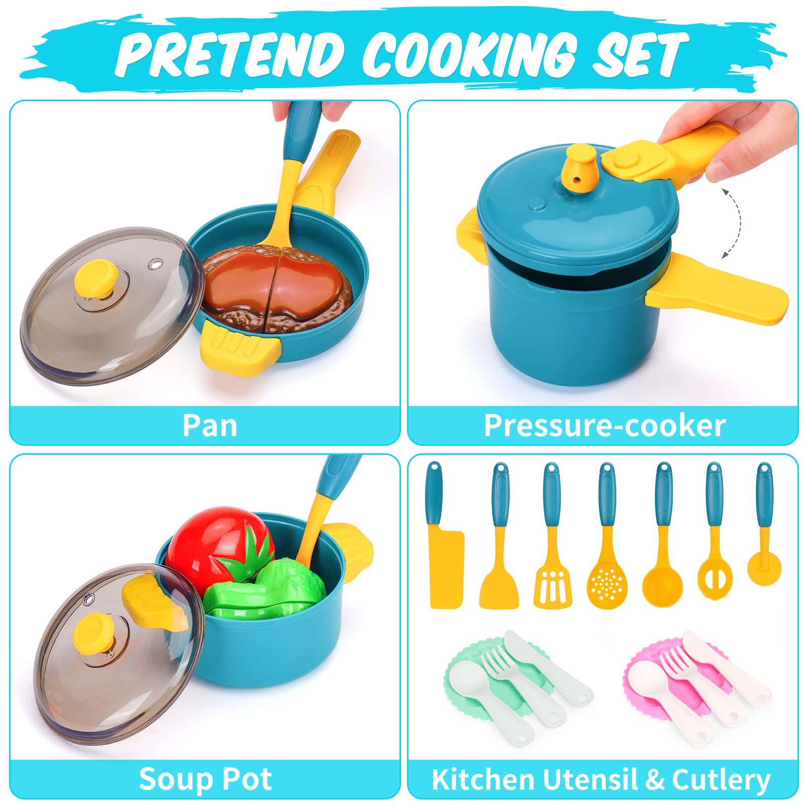 **Kids Pretend Play Kitchen Set - Toy Pots, Pans & Cooking Utensils with Fake Play Food - Toddler Kitchen Playset for Boys & Girls - Perfect Gift for Imaginative Cooking Fun at Home**