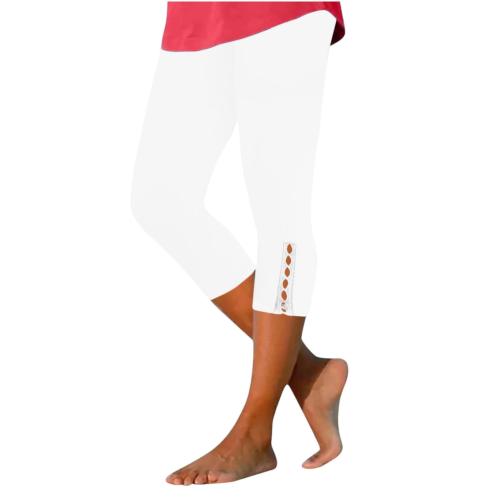 Women's High Waisted Capri Leggings with Lace Trim - Tummy Control Yoga Pants for Workout & Running - Breathable Compression Cropped Pants for Gym, Pilates & Lounge Wear
