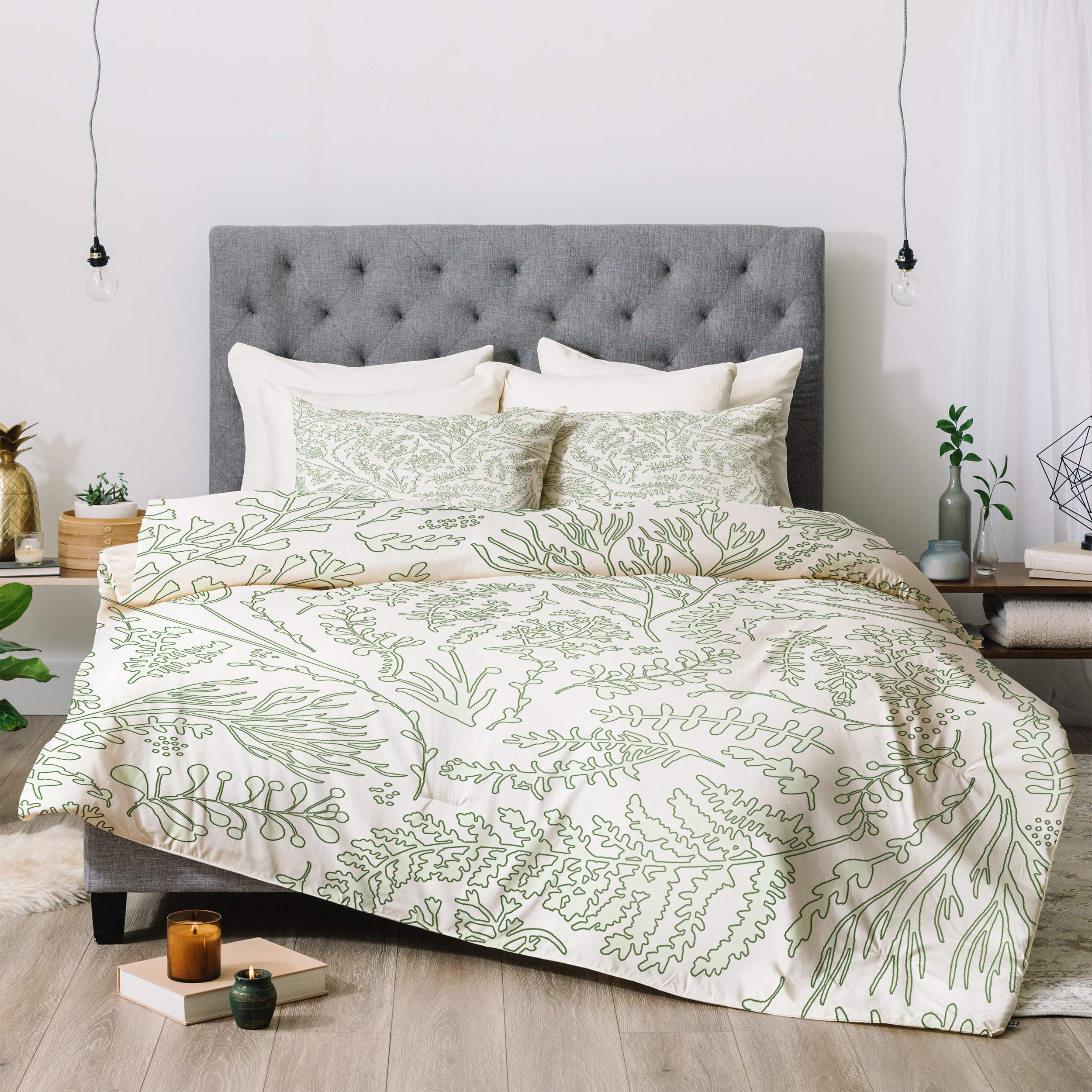Deny Designs Monika Strigel Herbs and Ferns Green & White Comforter Set with Pillow Shams - Twin Size Bedding for Cozy Bedroom Decor, Perfect for Guest Rooms & Dorm Essentials