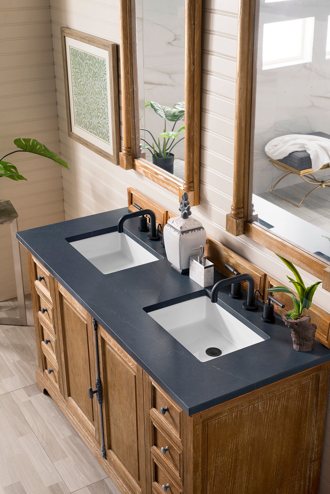 Providence 60-Inch Double Vanity Cabinet in Driftwood Finish with 3CM Charcoal Soapstone Quartz Top - Perfect for Modern Bathroom Renovations and Master Suite Upgrades