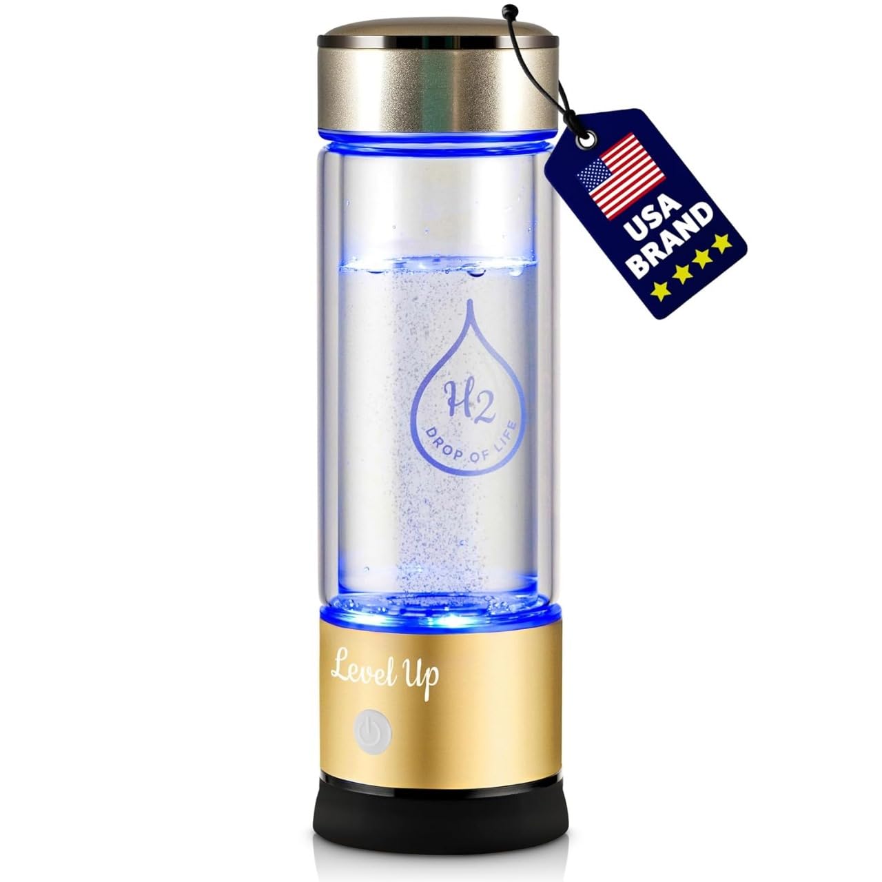LevelUpWay 2025 Hydrogen Water Bottle Generator - SPE PEM Ionic Membrane Technology - 13oz High Borosilicate Glass Bottle (Gold) - Premium Alkaline Hydrogen Water Maker for Home, Office, Gym & Travel Hydration