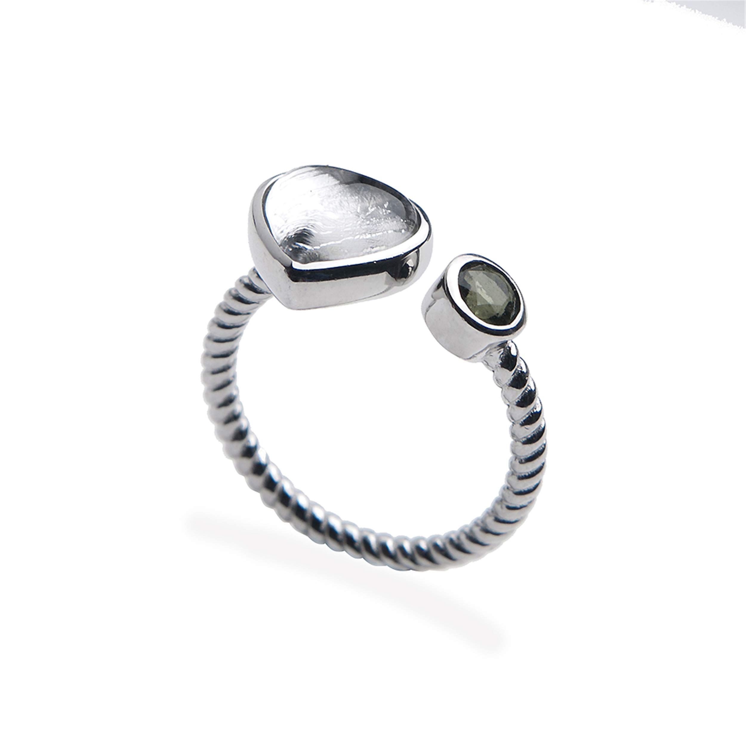Genuine Natural Gibeon Iron Meteorite & Moldavite Gemstone Silver Ring - Adjustable Size for Women & Men - Perfect for Fashion, Parties & Unique Gifts