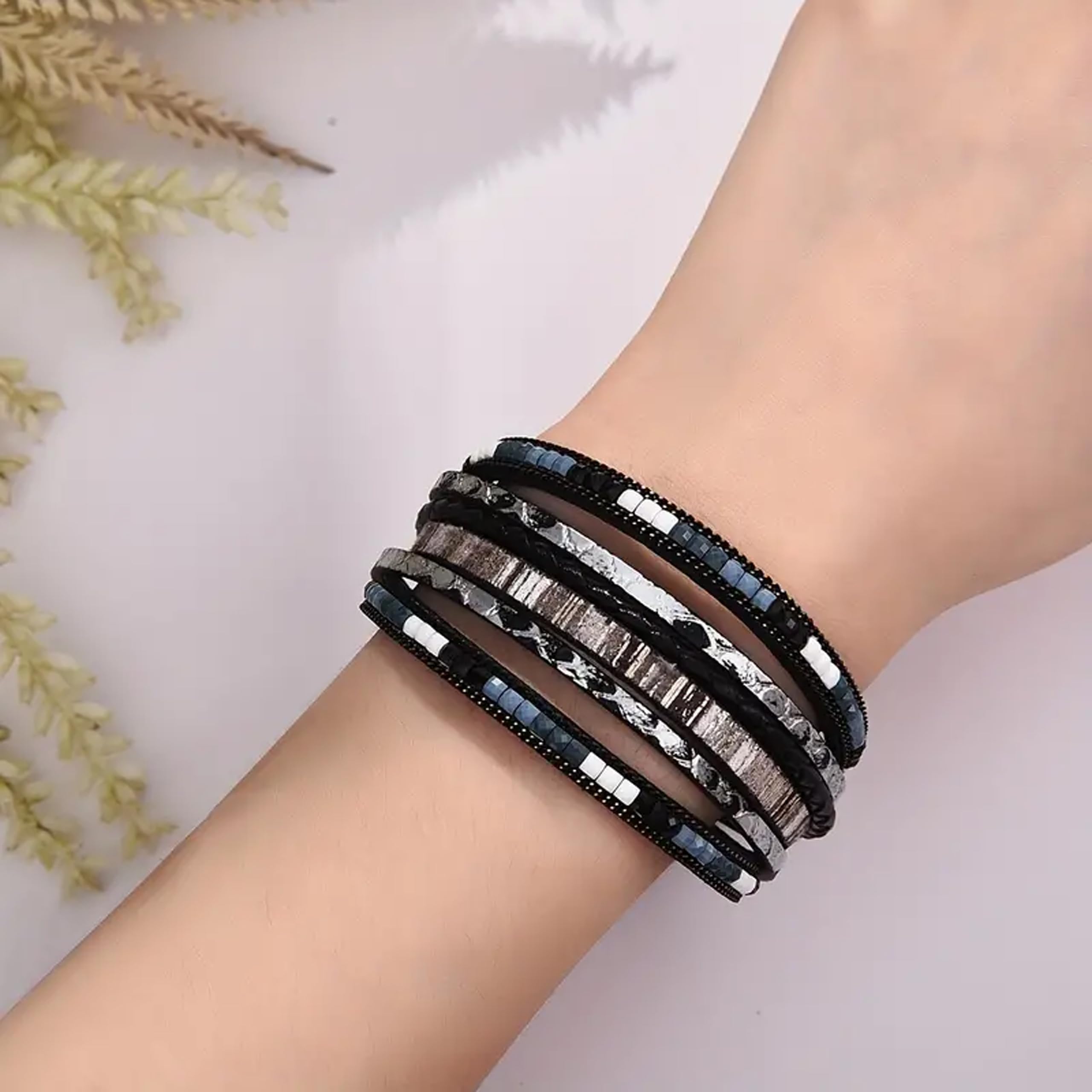 Trendy Blue Leather Wrap Bracelet for Women - Stackable Multi-Layer Western Cuff Bracelet | Perfect for Boho Fashion, Layered Jewelry Looks & Everyday Accessories