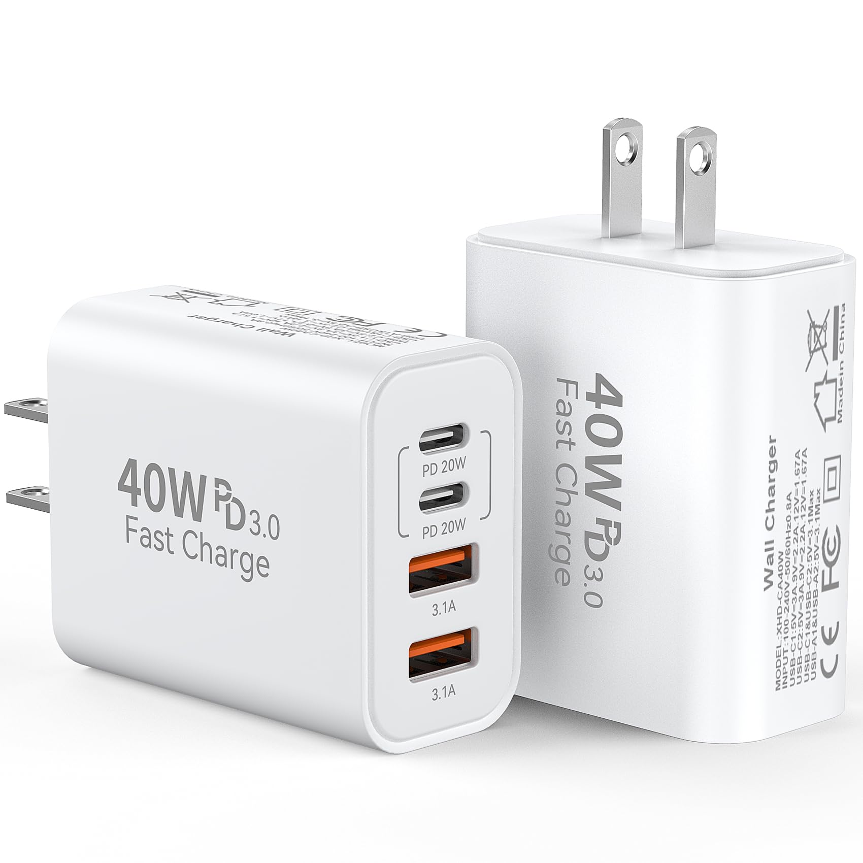 40W 4-Port USB C Fast Charger Block with PD & QC 3.0 - Dual Type C & USB A Wall Charger for iPhone 16/15/14/13/12 Pro Max, iPad, Samsung - Compact Power Adapter Cube (2-Pack) - Perfect for Home, Office & Travel Charging Multiple Devices