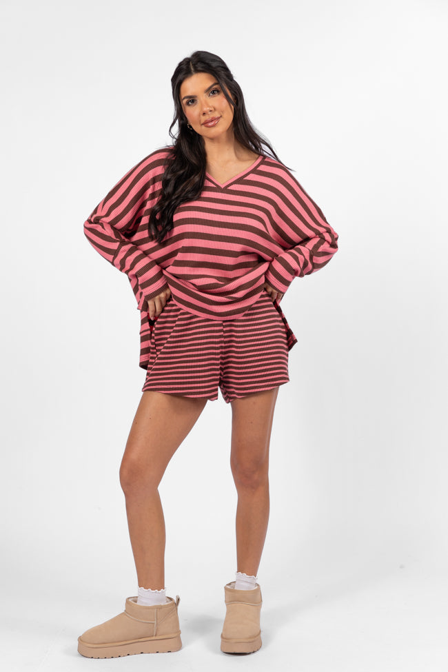 Pink and Chocolate Striped Thermal Underwear Set for Women - Cozy Winter Loungewear - Perfect for Cold Weather, Sleeping & Relaxing at Home