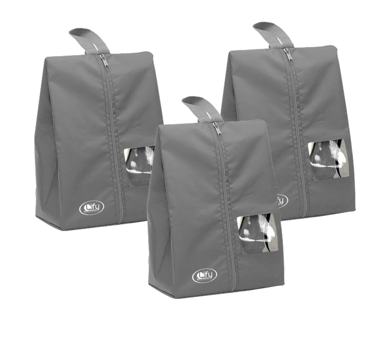 Water-Resistant Travel Shoe Bags with Clear View Window - 3-Piece Set of Portable Nylon Shoe Organizers with Zipper for Men & Women (Grey) - Perfect for Gym, Travel, and Daily Storage
