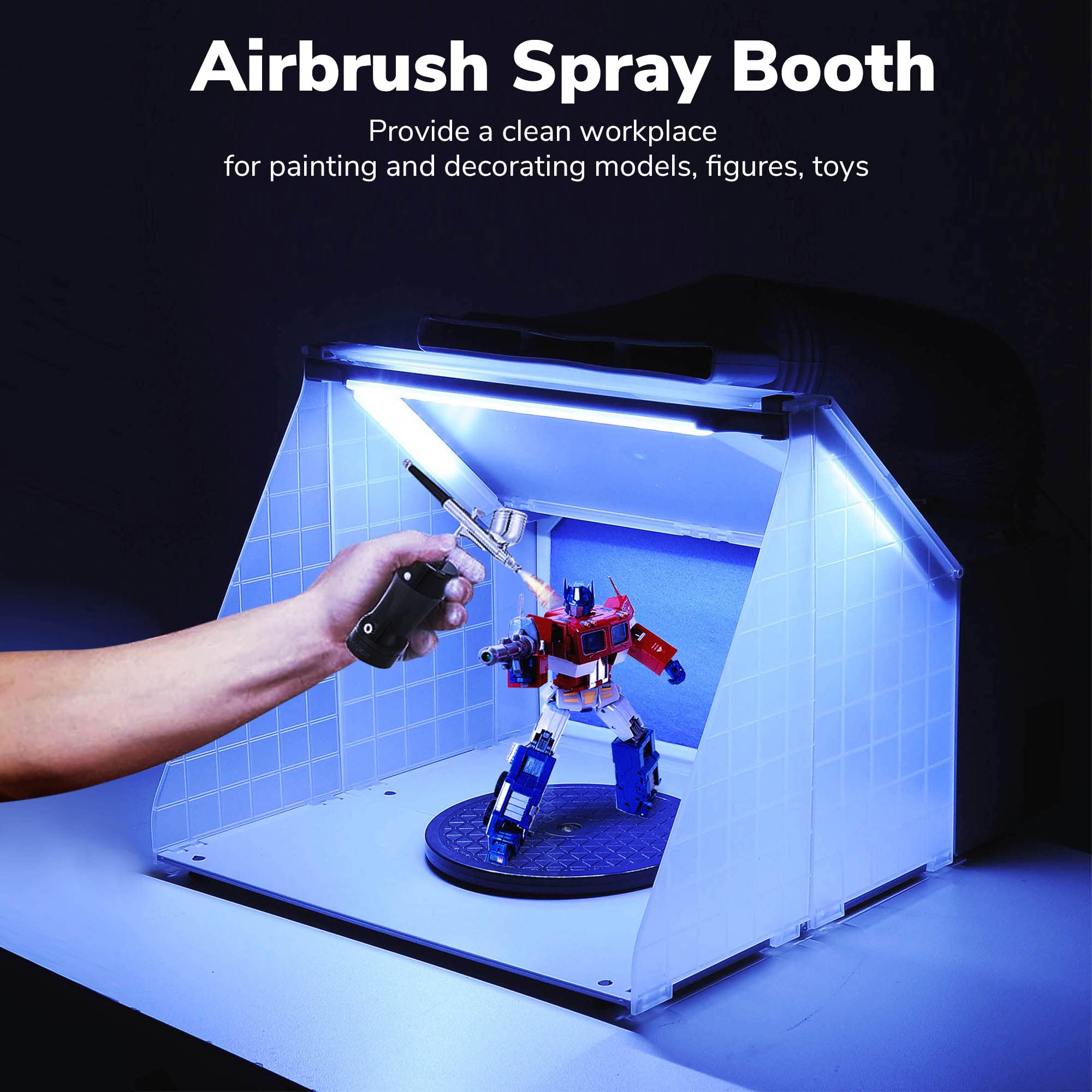 Professional Portable Airbrush Paint Spray Booth Kit with Turntable, 5.6' Hose & 3 LED Lights - Powerful Fan for Toy Model Painting, DIY Crafts, Miniature Art - Perfect for Hobbyists & US Delivery (LED Spray Booth + Hose)
