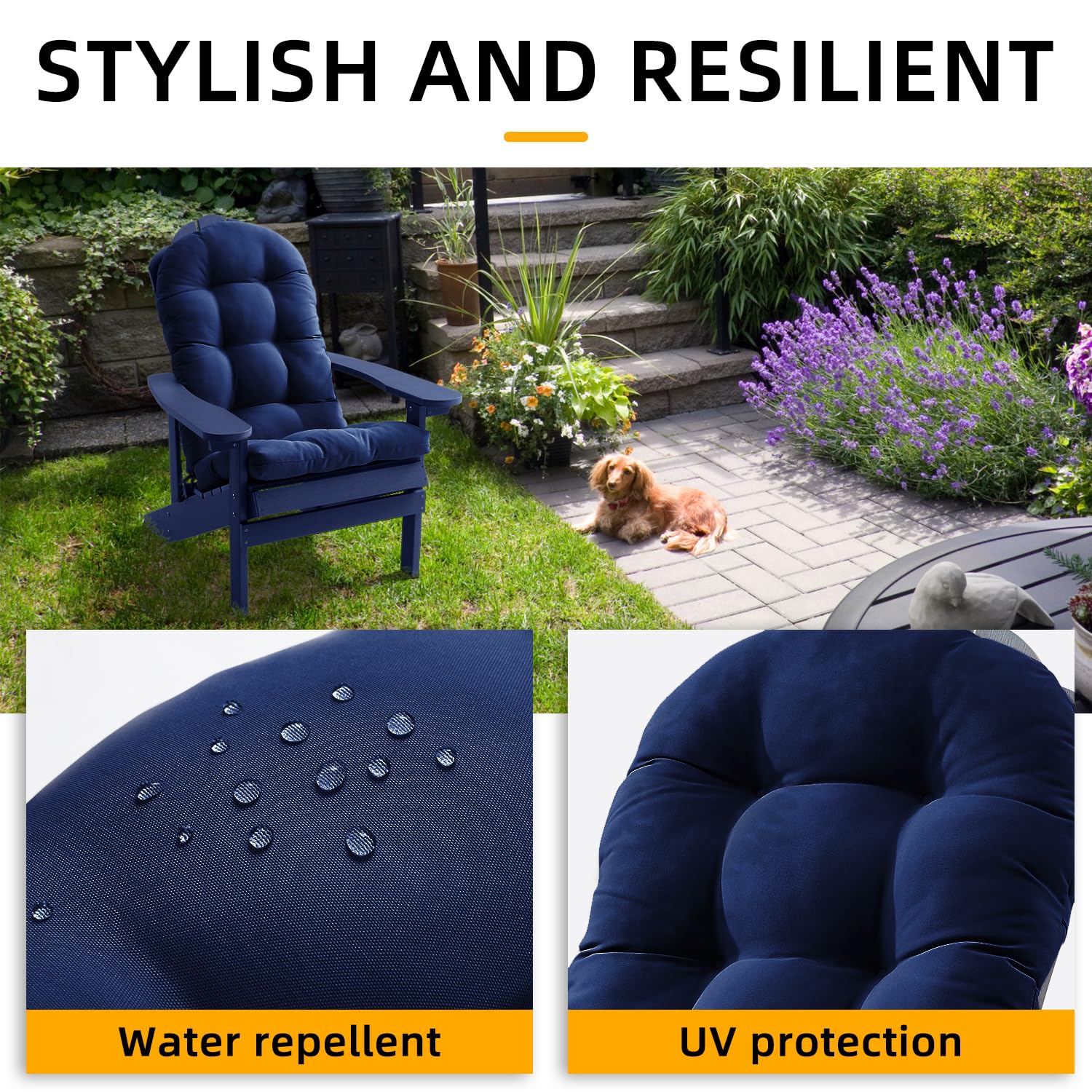 FILUXE Waterproof Adirondack & Rocking Chair Cushions - High Back Patio Pillow with Ties, Fade-Resistant All-Weather Outdoor/Indoor Tufted Seat Cushion Replacement (Royal Blue, 2 Pack) - Perfect for Deck, Porch, Garden & Poolside Relaxation