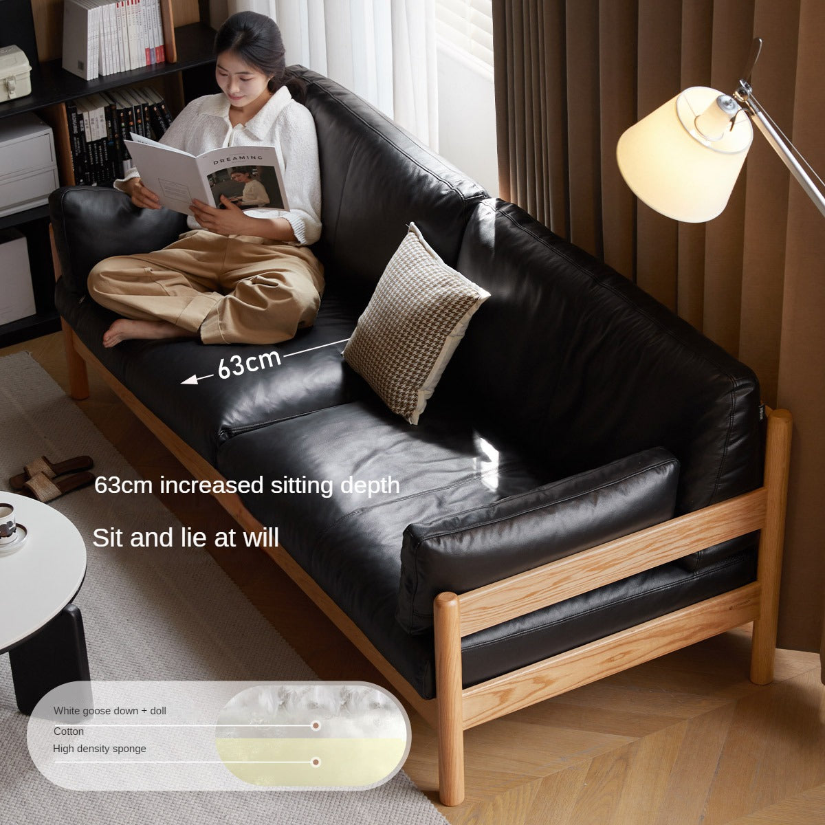 Premium Oak Solid Wood Modern Leather Sofa - Luxury Comfort for Living Room, Office & Lounge Areas