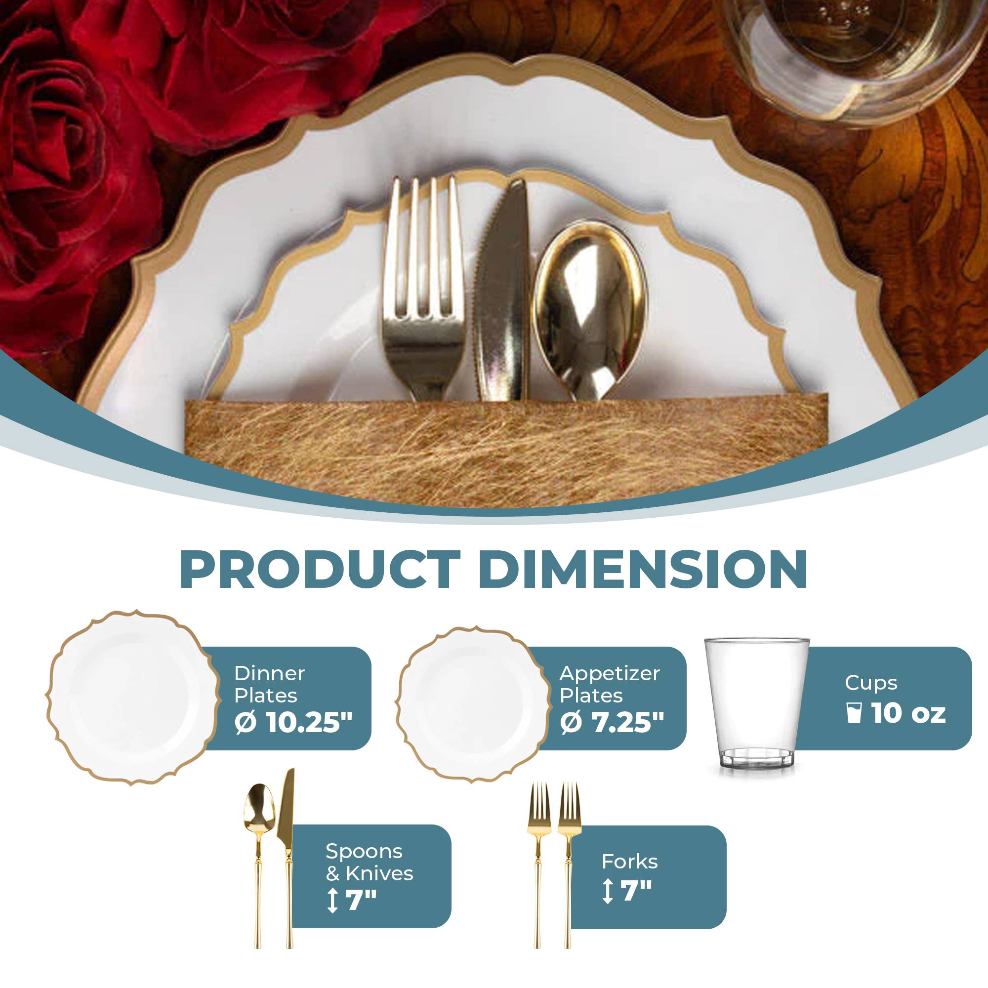 White and Gold Plastic Party Bundle - Elegant Disposable Tableware Set for Weddings, Birthdays & Celebrations - Perfect for Dinner Parties, Baby Showers & Special Events