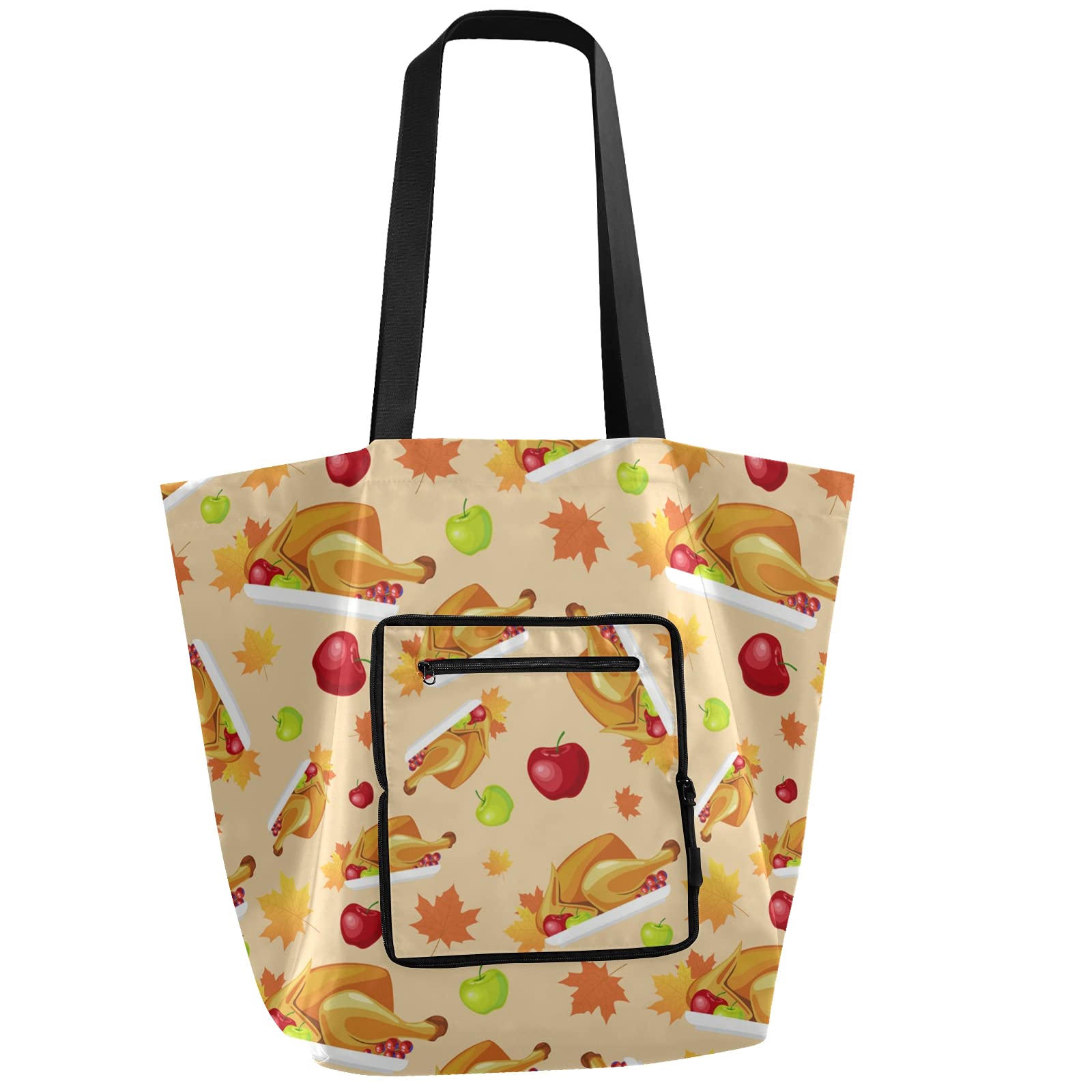Foldable Reusable Heavy Duty Shoulder Tote Bag - Roasted Turkey Thanksgiving Design for Grocery Shopping, School, Work, Beach & Travel - Eco-Friendly Thanksgiving Gift Idea
