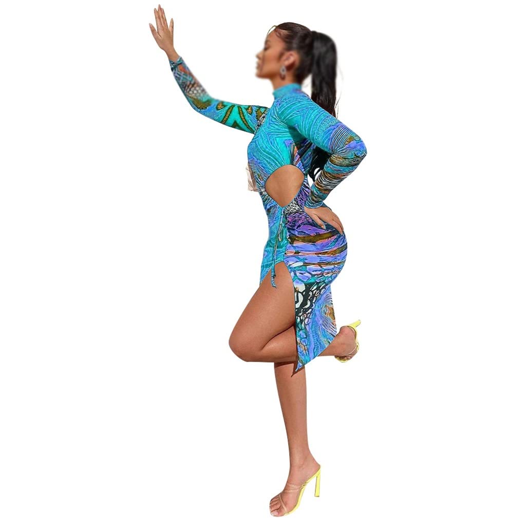 Sexy Summer Women's Printed Milk Silk Midi Dress - Mid Waist Cutout Long Sleeve Irregular Hem Dress (Color A, Size L) | Perfect for Beach Parties, Date Nights & Cocktail Events