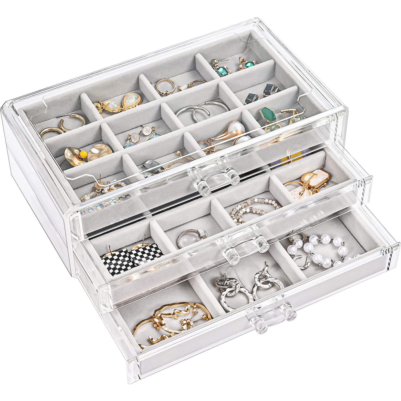 ProCase 3-Drawer Acrylic Jewelry Organizer Box with Adjustable Velvet Trays - Clear Earring Holder for Women (Grey) | Perfect for Bedroom Vanity, Travel & Gift Giving