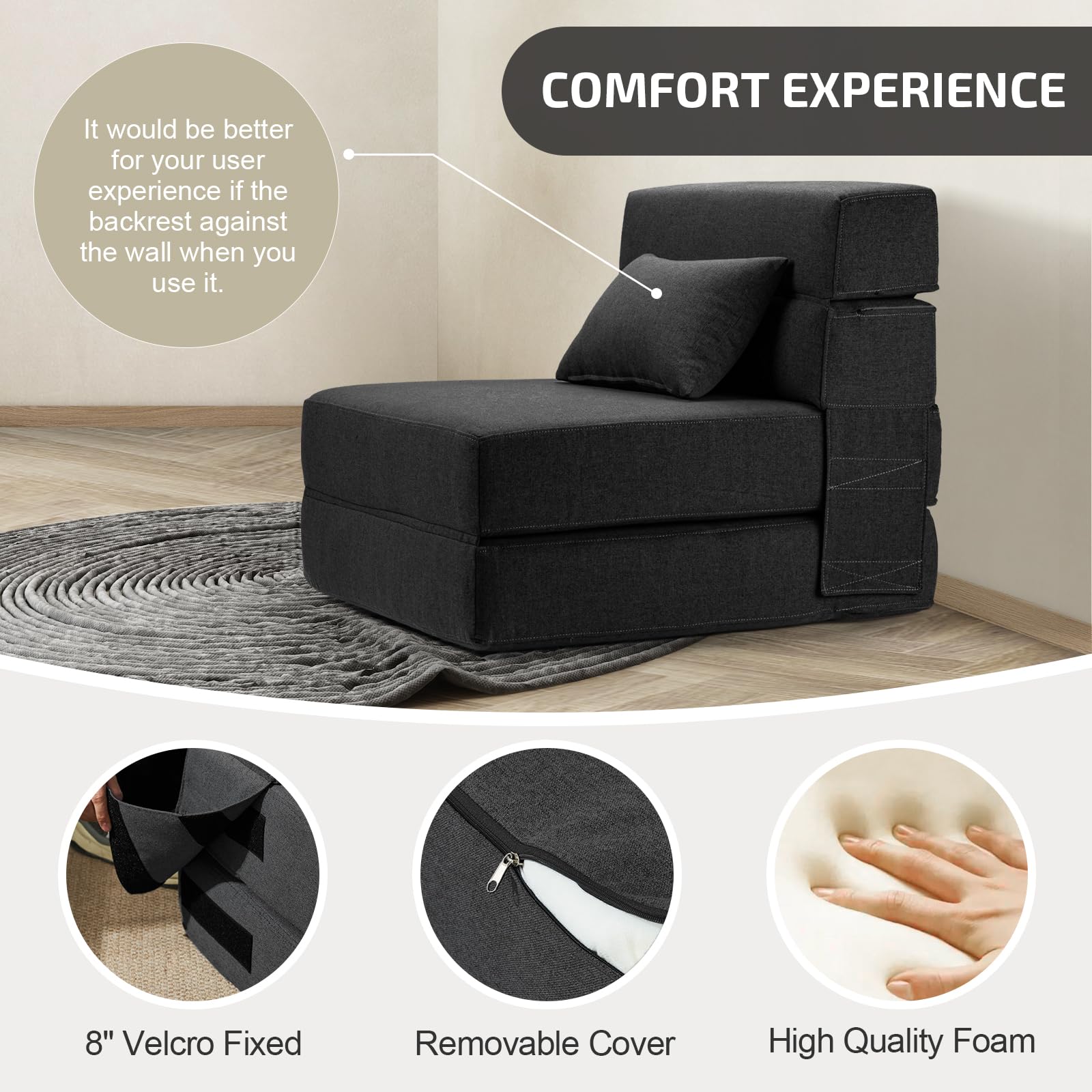 Convertible Folding Sofa Bed with Memory Foam & Pillow - Multi-Functional Sleeper Chair for Living Room, Dorm, Guest Room - Dark Gray Fabric Couch - Perfect for Small Spaces, Home Office & Apartment Living