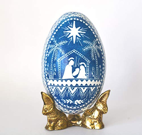 Hand-Painted Pysanka Nativity Egg Ornament - Blue Easter Goose Egg Shell - Religious Christmas Gift for Tree Decor, Home Décor & Holiday Celebrations