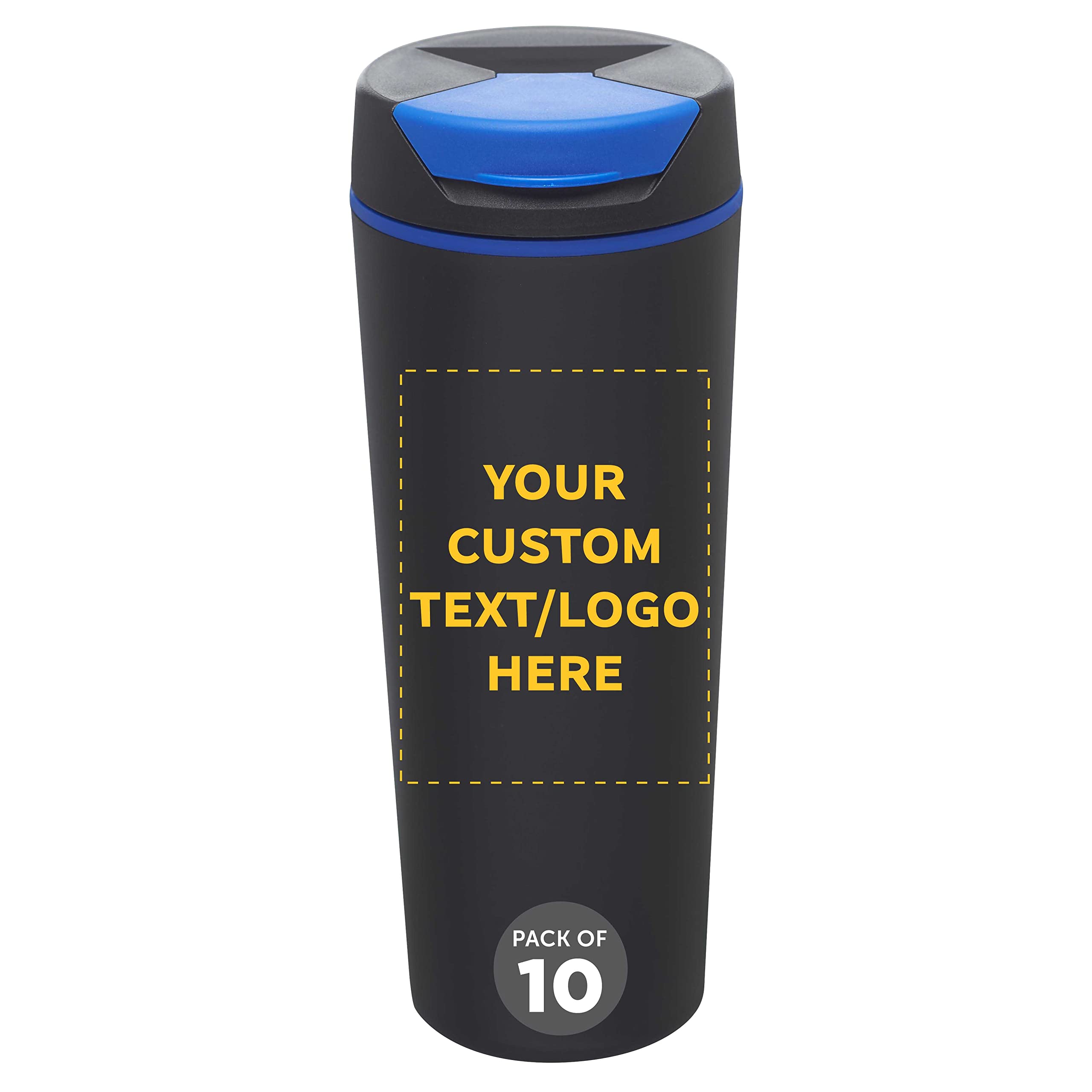 Custom Double Wall Insulated Plastic Travel Mugs 18 oz (Set of 10) - Personalized Bulk Coffee Cups for Hot & Cold Beverages - BPA-Free Reusable Drinkware - Ideal for Office, Camping, Travel & Gifts (Black & Blue)
