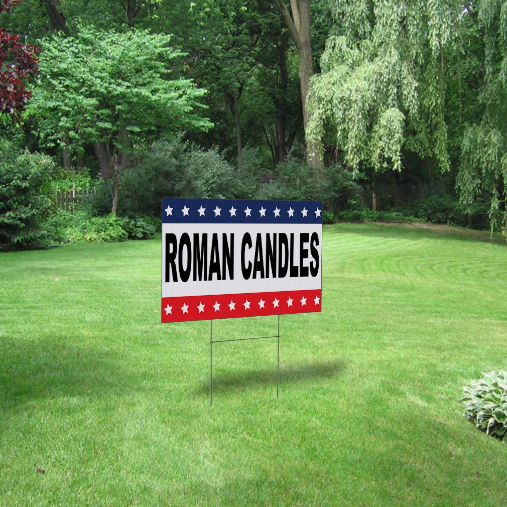 Black Red Blue Weatherproof Yard Sign - 18x12 Inches Double-Sided Roman Candles Design for Lawn & Garden Decor - Perfect for Holidays, Parties, and Outdoor Events