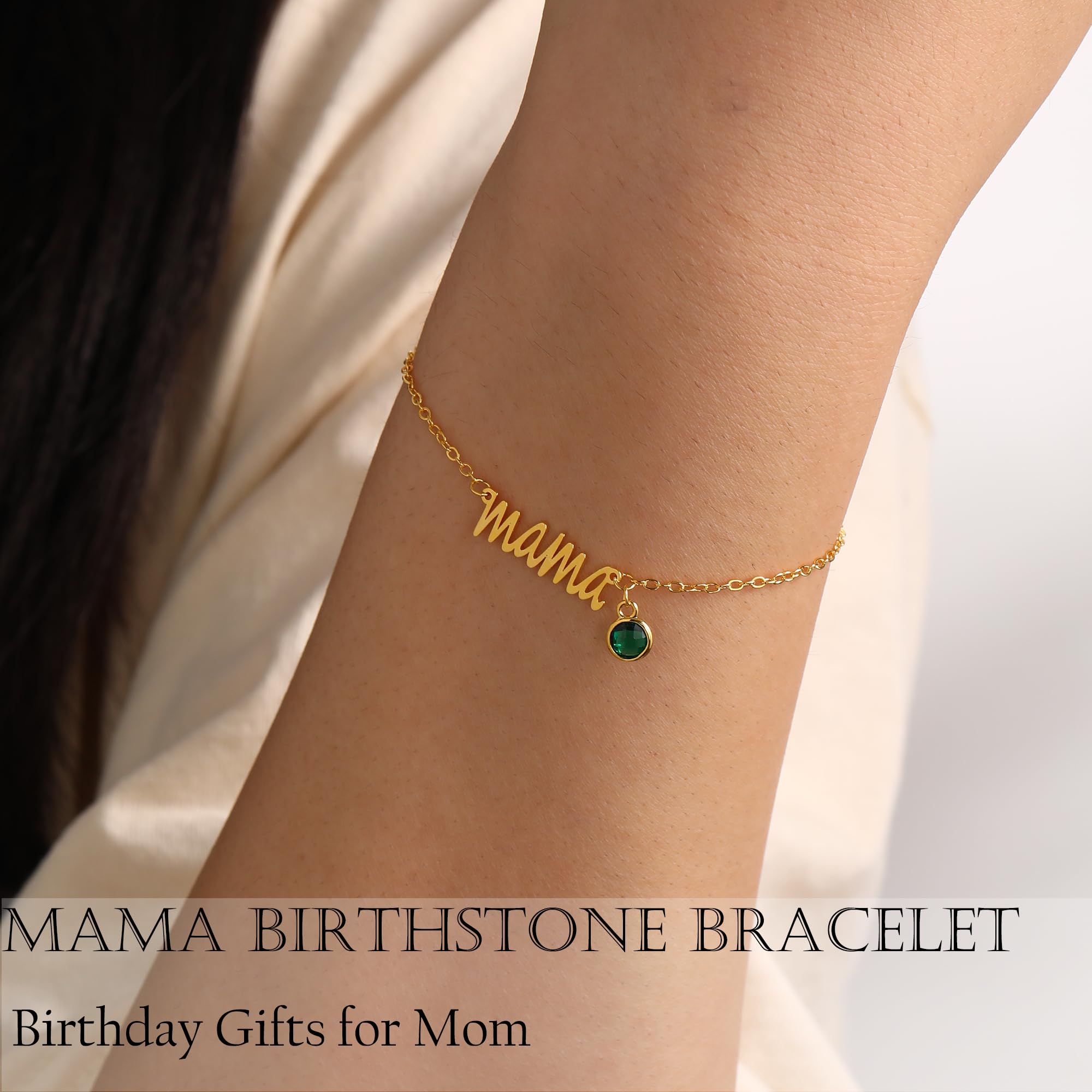 JSJOY Gold Mama Bracelet with Birthstone - Dainty Emerald Jewelry for Women, Perfect Birthday Gift for Mom, Grandma, Daughter, or Wife - Ideal for Mother's Day, Anniversaries, and Special Occasions