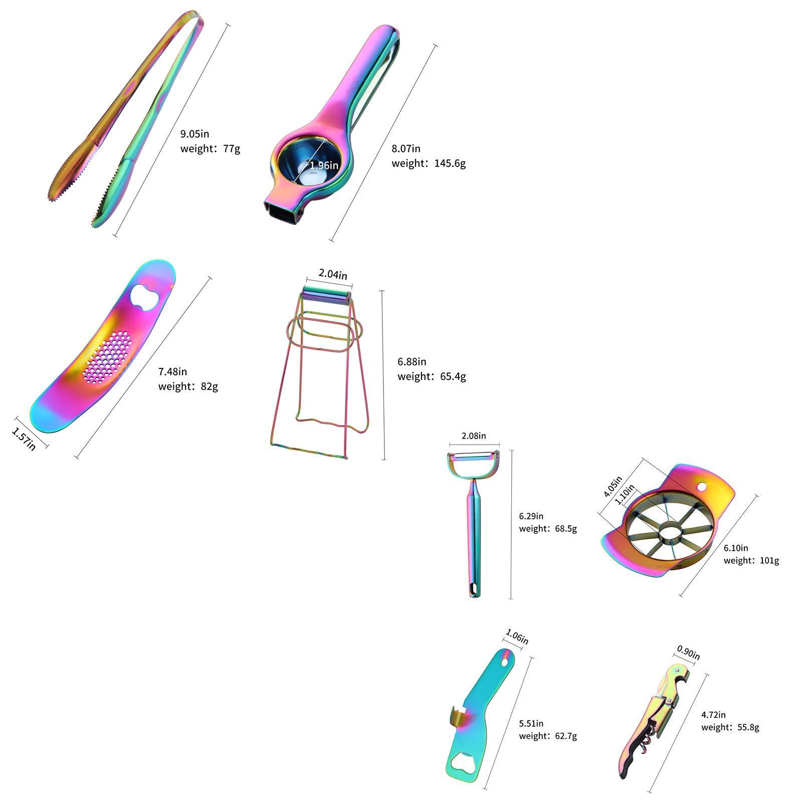 Rainbow 12-Piece Kitchen Tools Set - Garlic Press, Wine Opener, Measuring Spoons, Lemon Squeezer, Vegetable Peeler, Apple Cutter, Tongs & More - Dishwasher Safe for Cooking, Baking & Meal Prep
