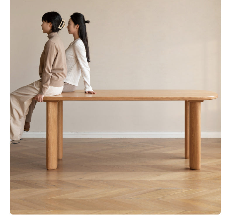 Solid Oak Wood Round Corner Long Dining Table - Rustic Farmhouse Style for Family Gatherings & Dinner Parties