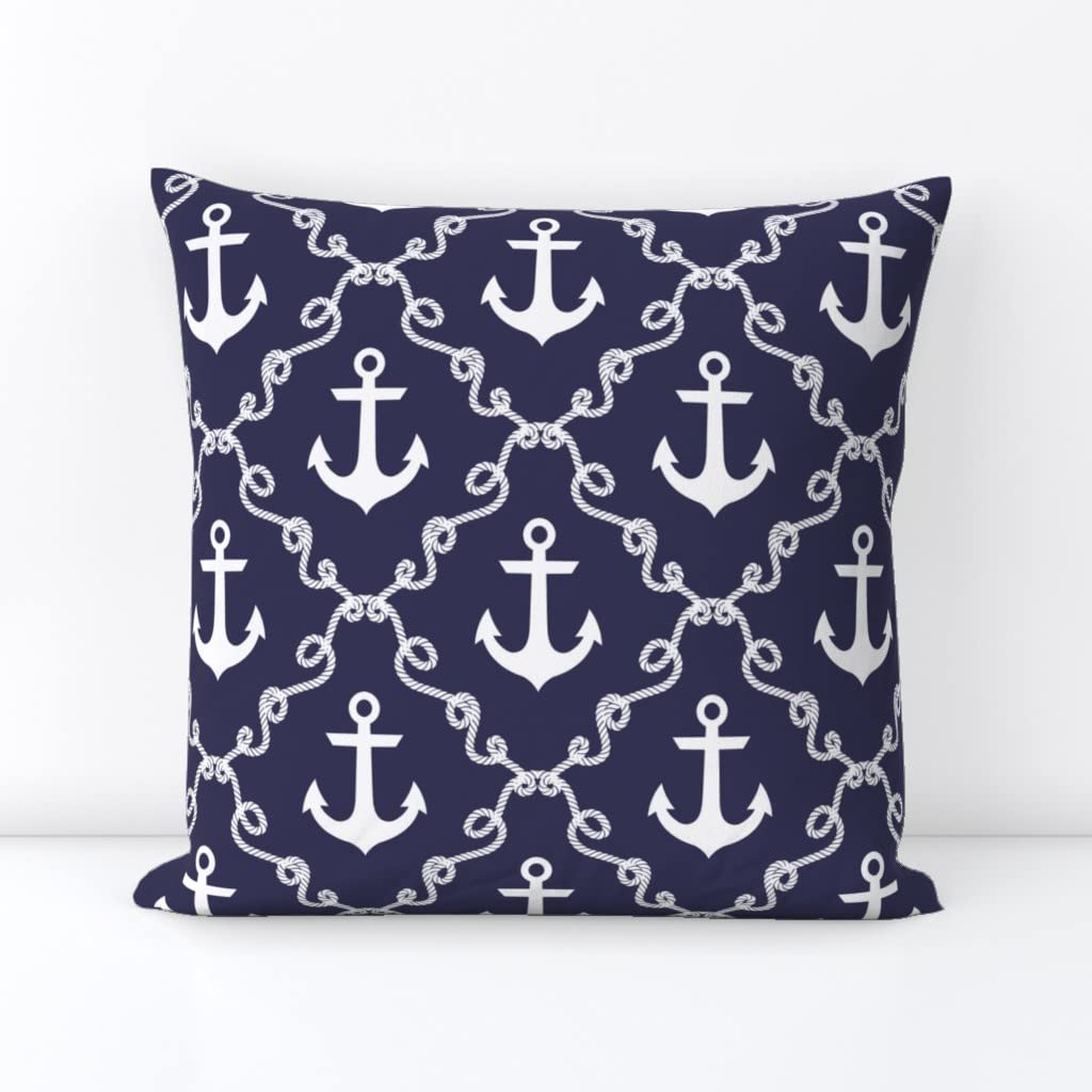 18 Inch Square Throw Pillow Cover - Linen Cotton Canvas Fabric with Nautical Anchor Damask Print in Navy & Indigo | Perfect for Beach House Decor, Coastal Living Room, or Sailboat Themed Bedroom