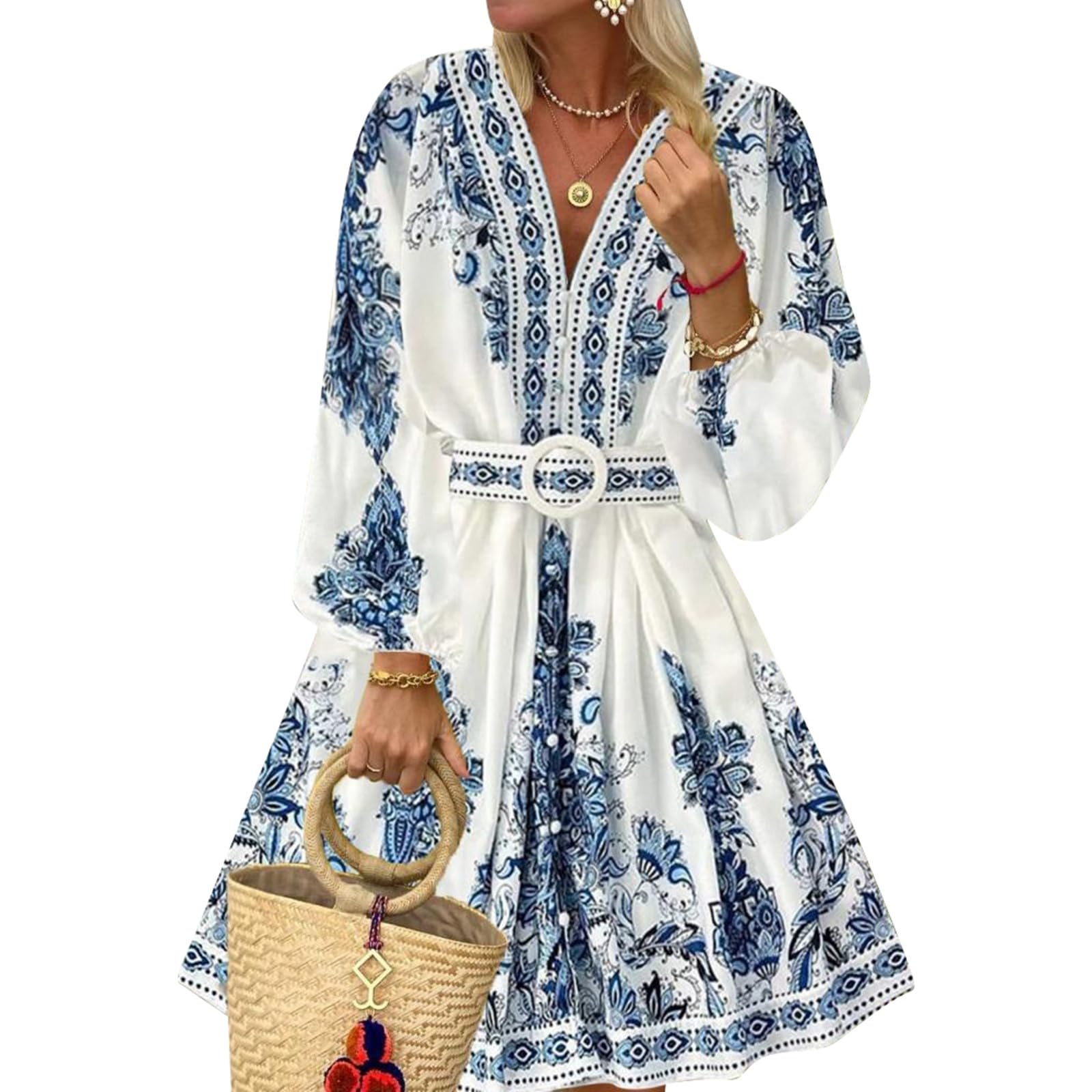 Women's Summer Casual Long Sleeve V-Neck Boho Midi Dress - Knee Length A-Line Retro Beach Dress for Outdoor, Vacation & Party Wear