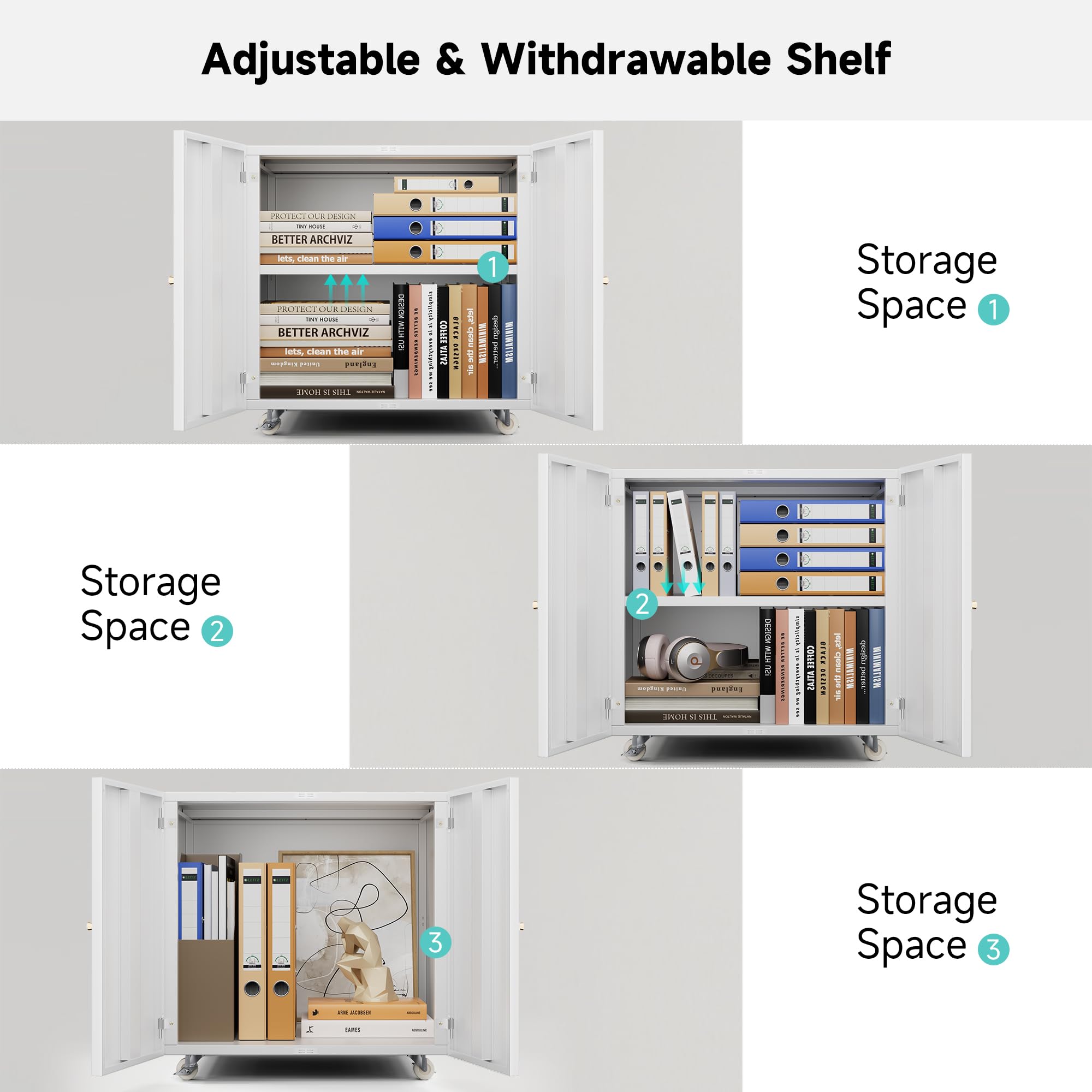 Warmiehomy Metal Printer Stand with Storage - Mobile Printer Table for Small Spaces, Adjustable Shelf & File Cabinet on Wheels - Home Office Organization (White) - Perfect for Compact Workspaces & Home Offices
