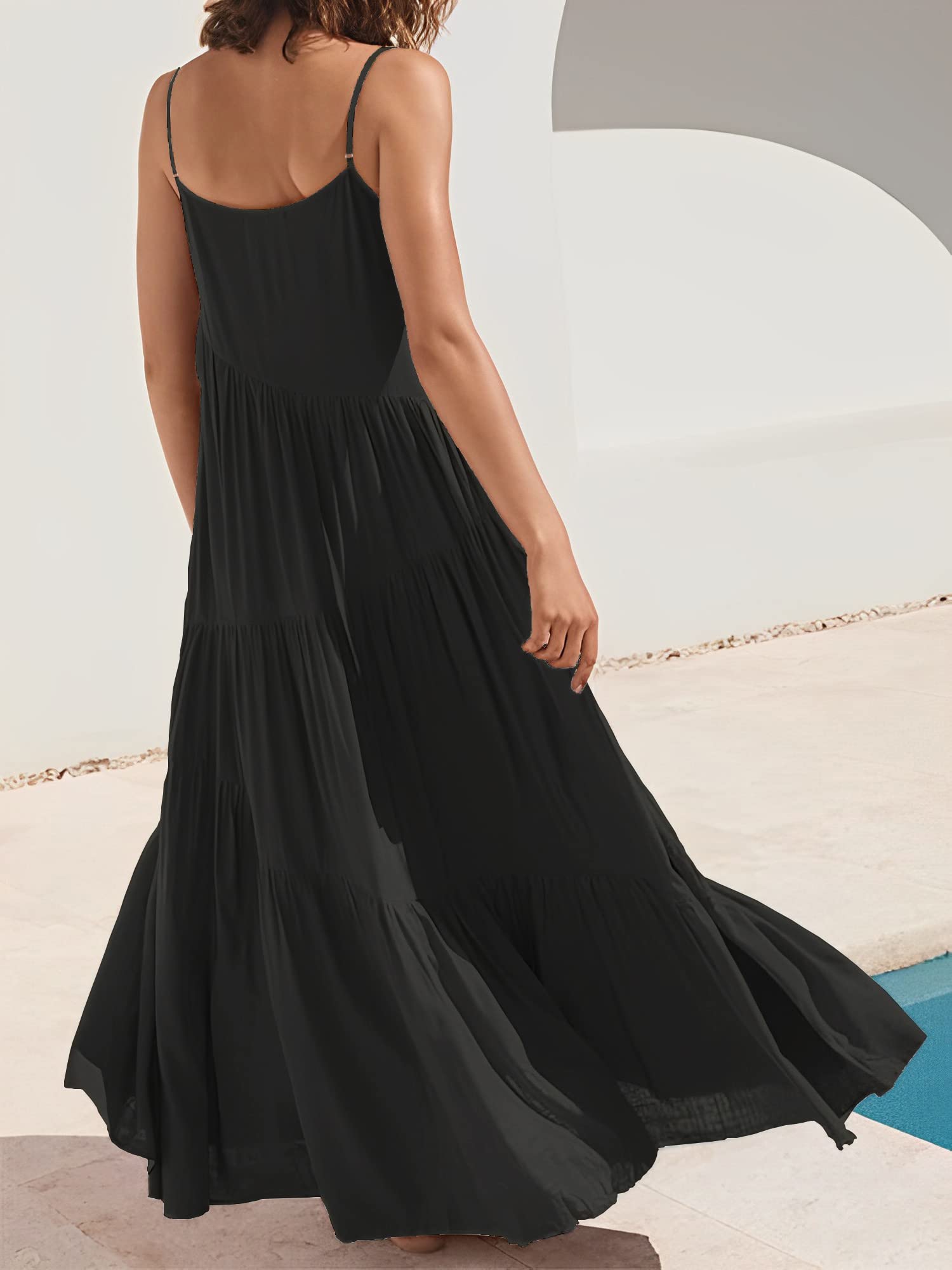 Women's Summer Dresses - Loose Sleeveless Spaghetti Strap Asymmetric Tiered Maxi Dress | Beach Cover Up, Vacation Outfit, Boho Chic Fashion
