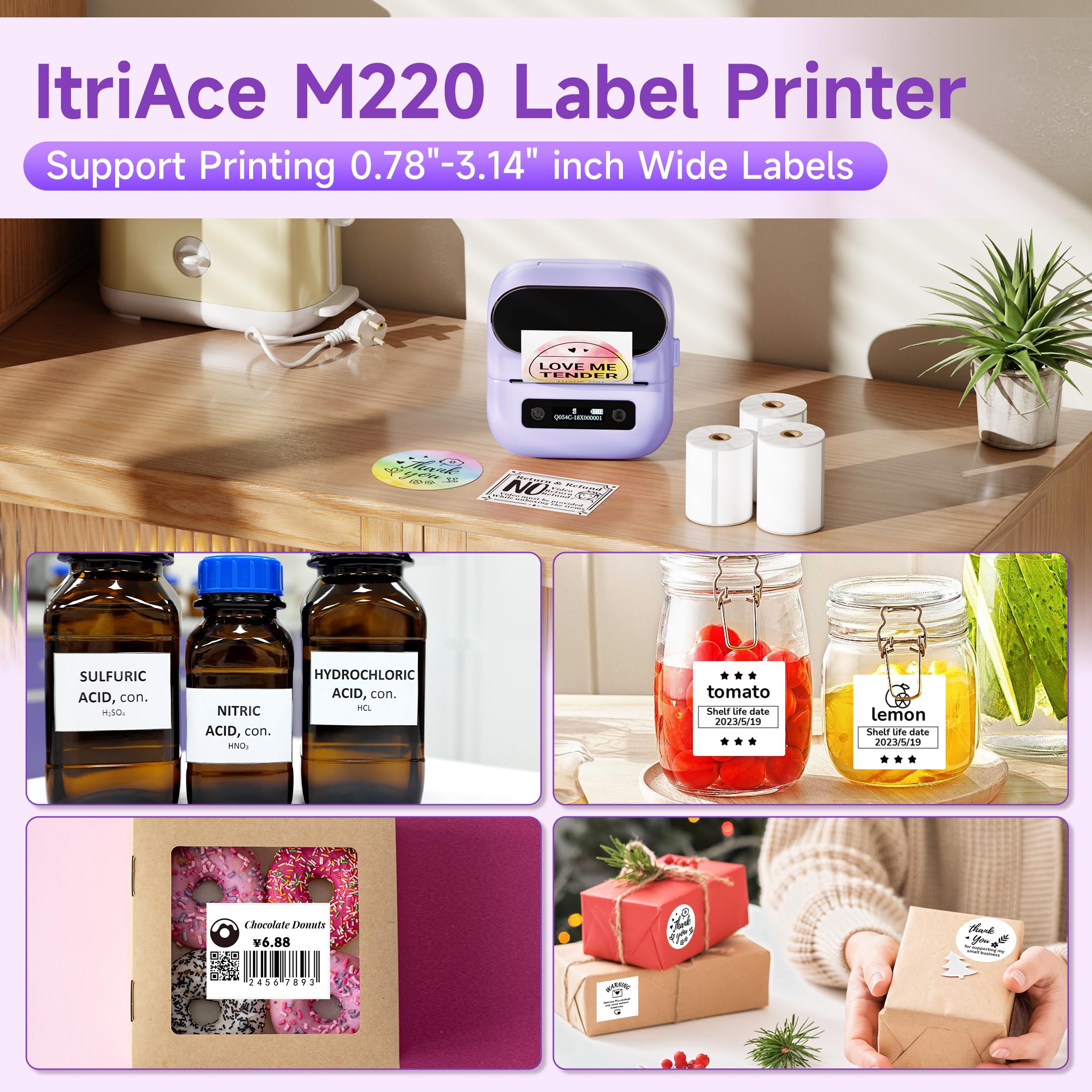 M220 Bluetooth Label Maker - Portable Thermal Sticker Printer for Small Business & Home Use | Compatible with Smartphone & PC | Prints 0.78-3.14 Inch Labels (Purple) | Perfect for Organizing, Shipping & Inventory Management