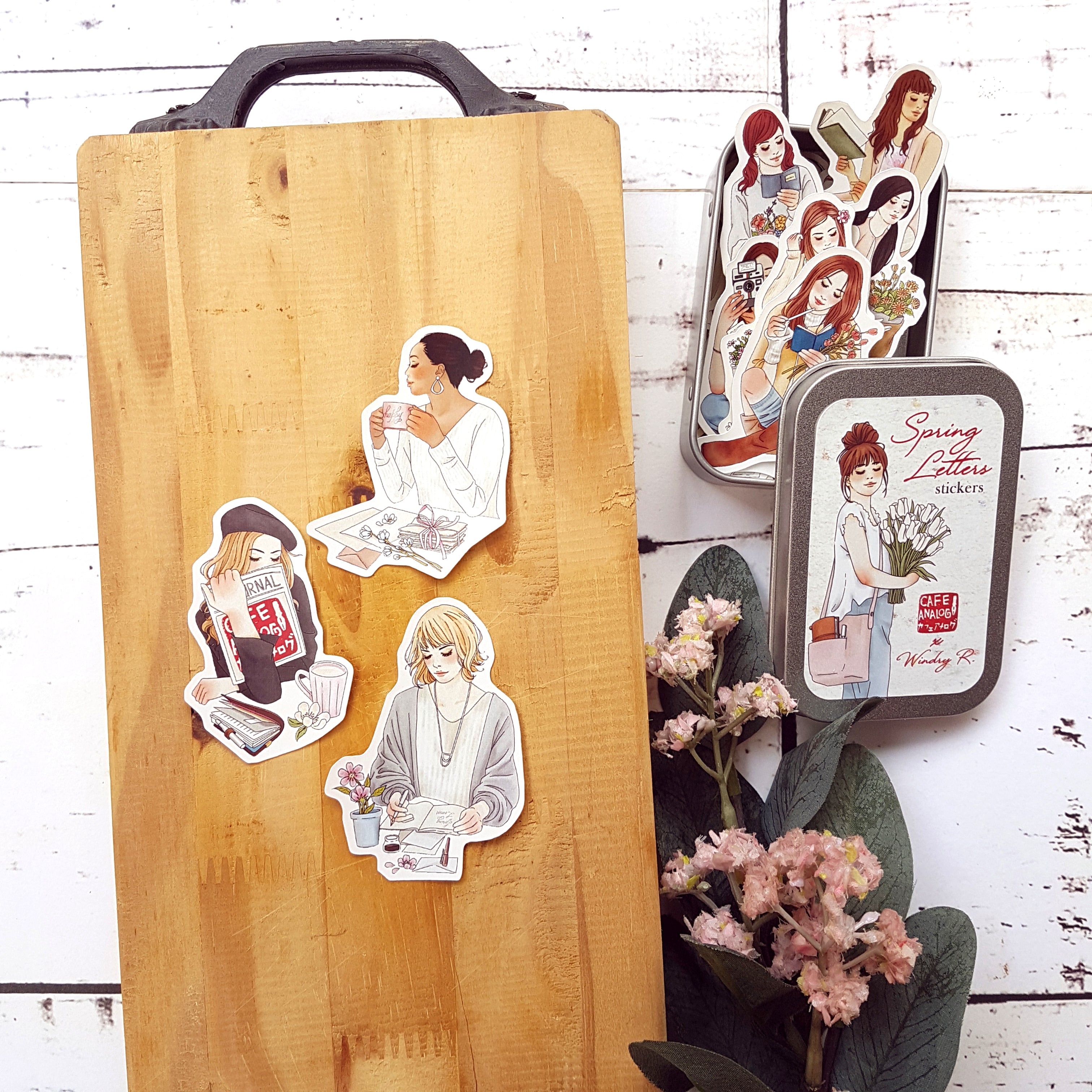 Cafe Analog X Windry R Spring Letters Girls Stickers in Tin - Perfect for Scrapbooking, DIY Crafts, and Kids' Room Decor