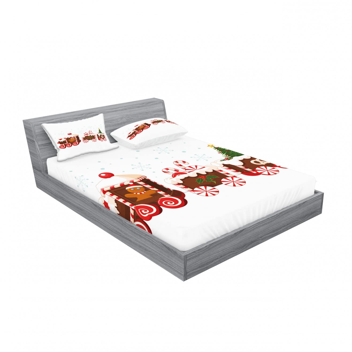 Ambesonne 2-Piece Christmas Bedding Set - Queen Size Fitted Sheets & 4 Pillow Shams, Gingerbread Train Holiday Design in White Brown Vermilion | Cozy Winter Bedroom Decor for Festive Home Styling