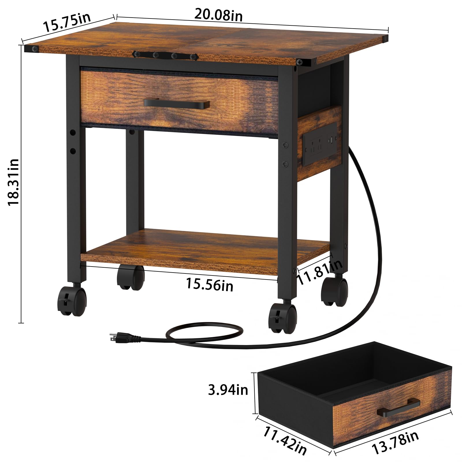 Lerliuo 2-Tier Under Desk Rolling Printer Stand with Charging Station & USB Ports, Lockable Wheels Printer Cart with Fabric Drawer - Compact Printer Table for Home Office Workspace (Brown) | Perfect for Organizing Printers, Scanners & Office Supplies Under Your Desk