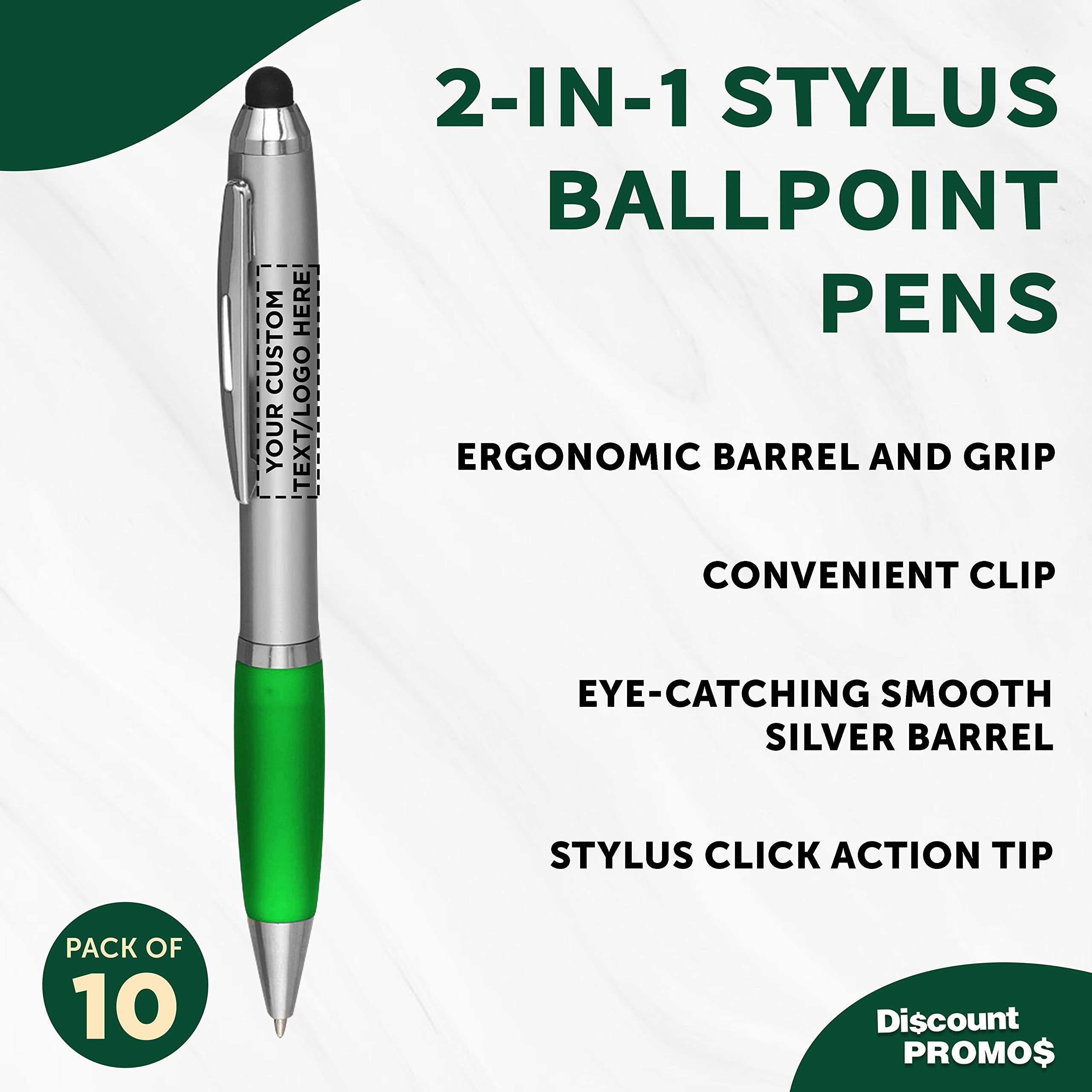 Custom Stylus Ballpoint Pens Set of 10 - Personalized Bulk Pack with Black Ink for Office, School & Business | Great for Tradeshows, Events & Note-Taking | Eco-Friendly Green Pens