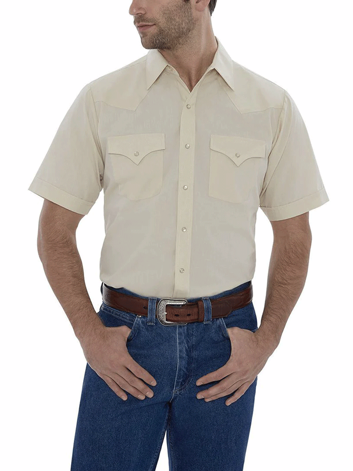 Ely Cattleman 15201605 Men's Short Sleeve Western Shirt - Solid Ecru Cowboy Shirt for Casual Wear, Rodeo & Country Style Outfits