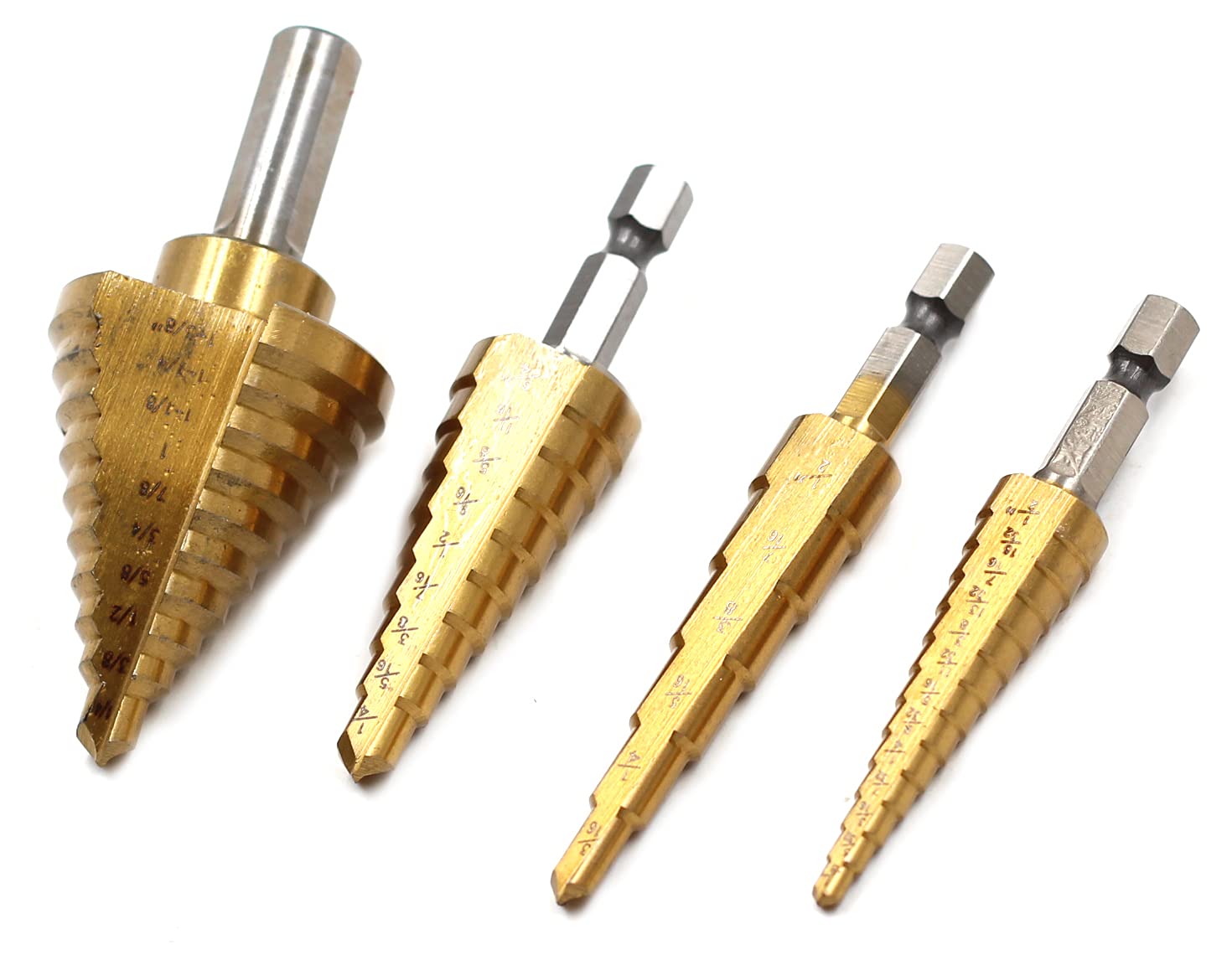 4-Piece HSS Titanium Coated Step Drill Bit Set for Wood, Metal & Hard Materials - High Speed Steel Hole Drilling Tool Kit for DIY Projects, Home Improvement & Professional Use